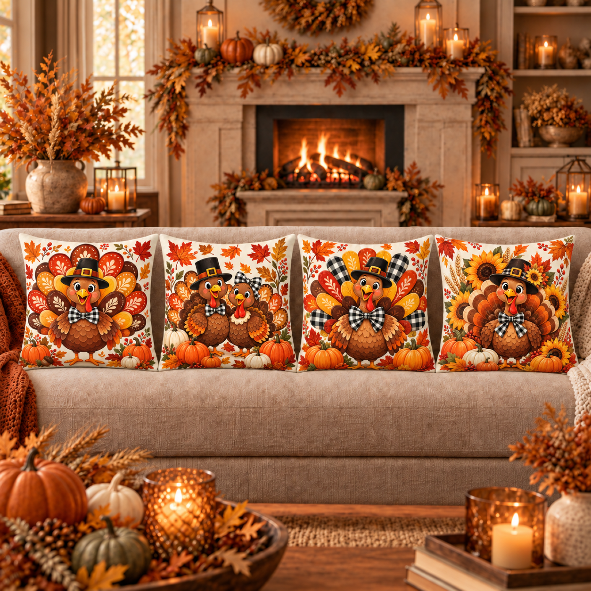 Cute Turkey Friends Curated Collection coordinated pillow cover set