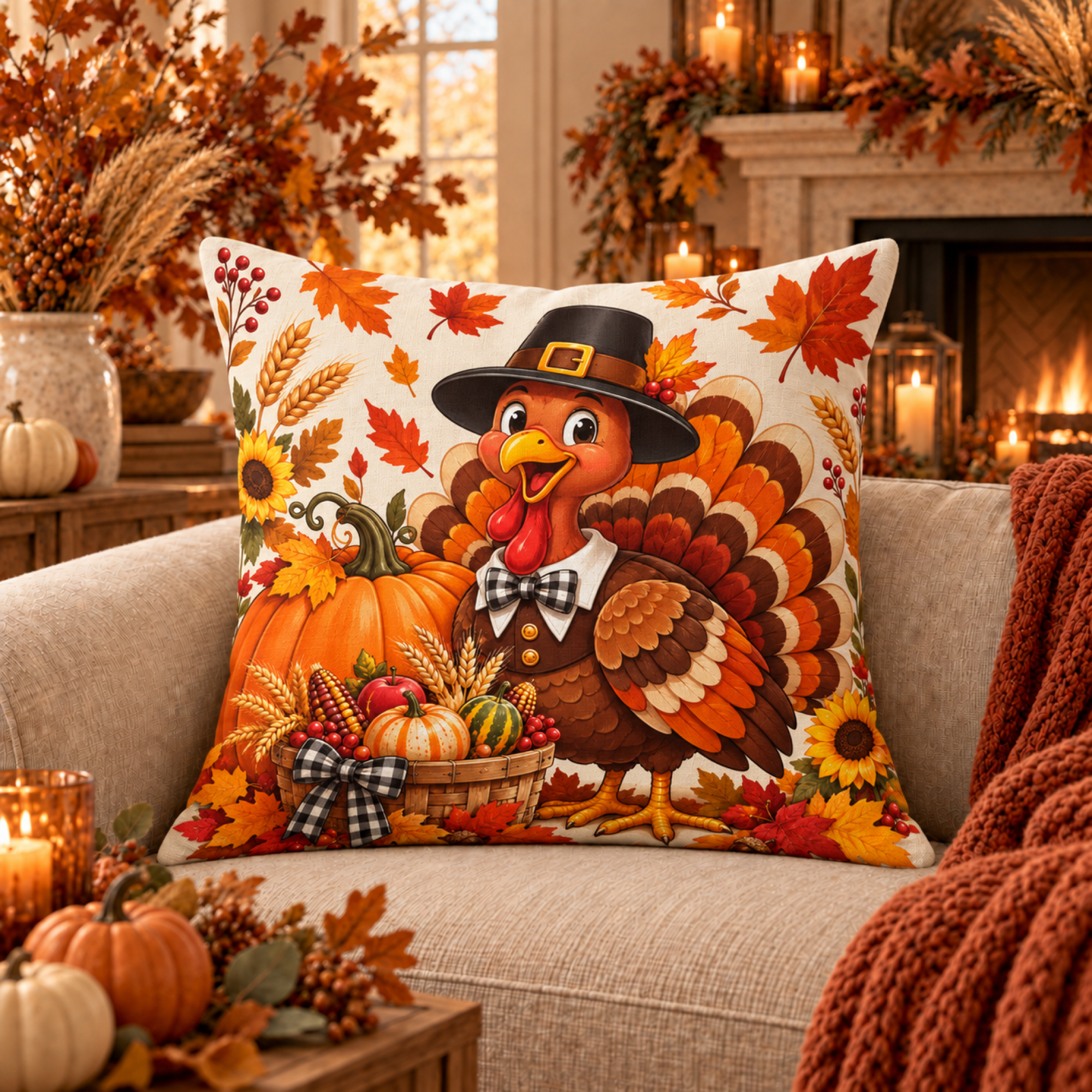 Pilgrim Turkey & Pumpkin pillow cover