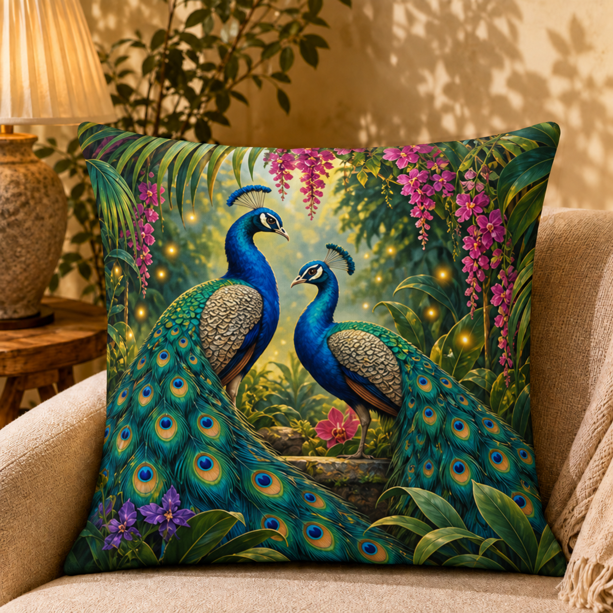Enchanted Peacock Pair pillow cover