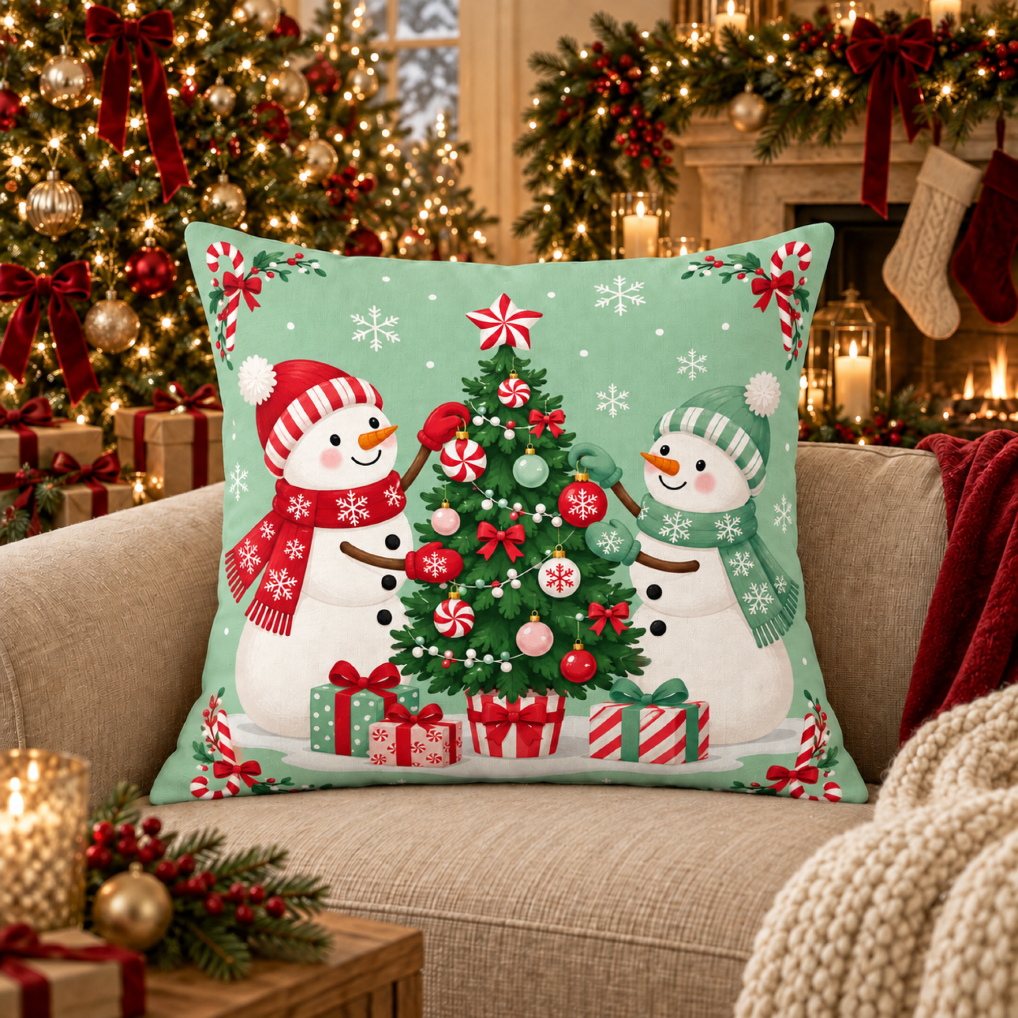 Candy Tree Snowman Pair pillow cover