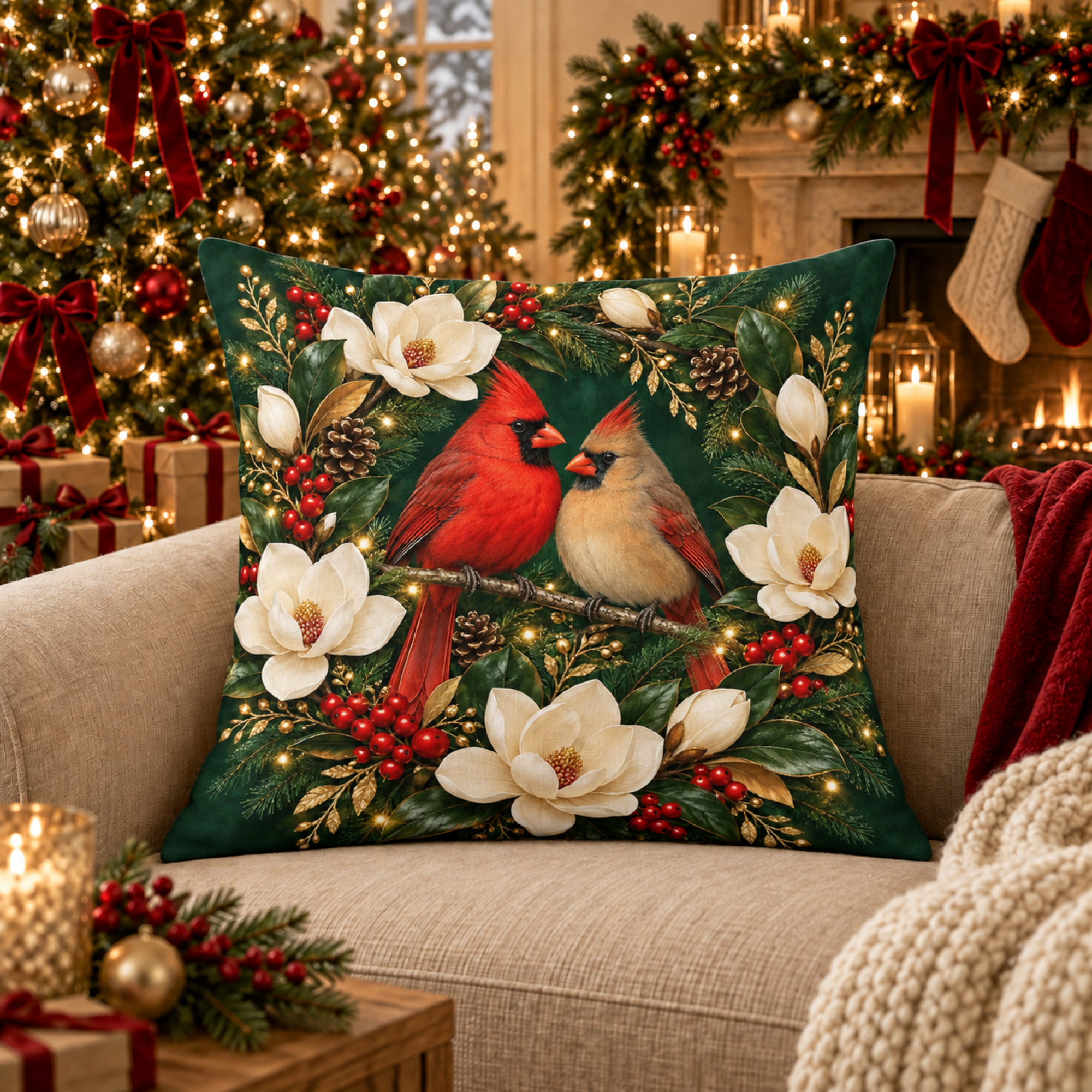Cardinal Pair Magnolia Wreath pillow cover