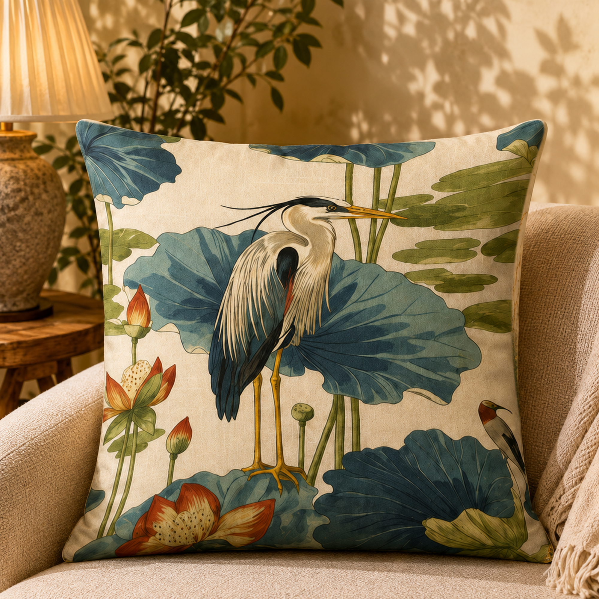 Lotus Garden pillow cover styled in a room
