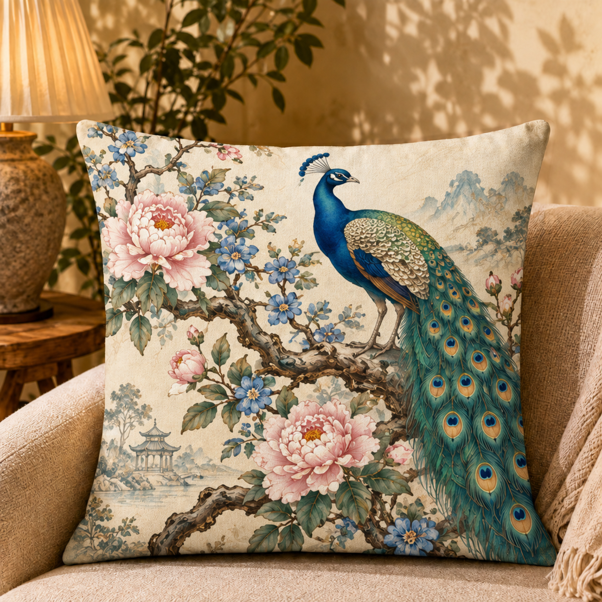 Blush Blossom Peacock pillow cover styled in a room