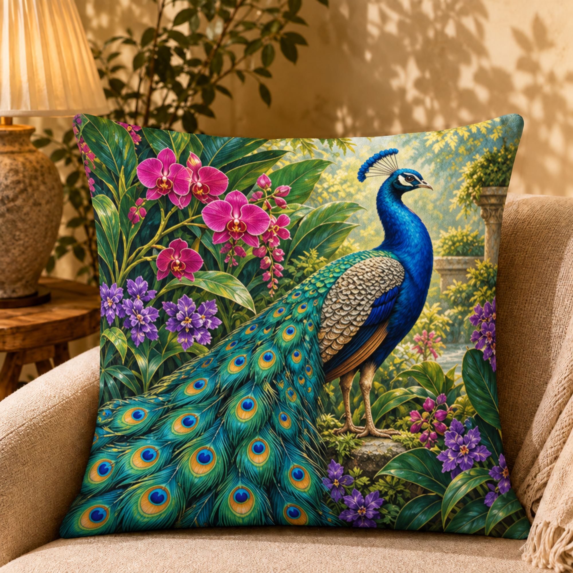 Orchid Garden Peacock pillow cover