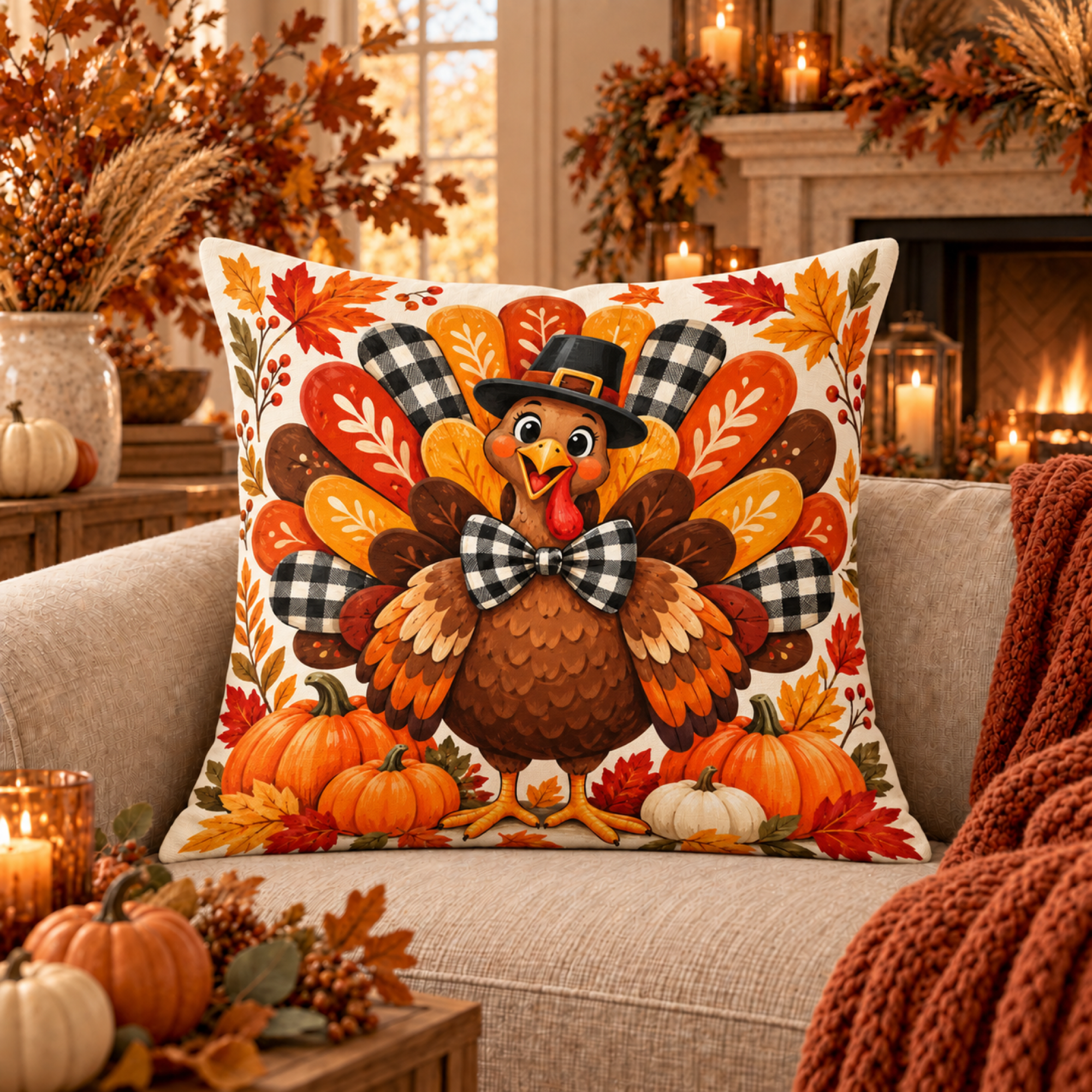 Plaid Bow Turkey pillow cover