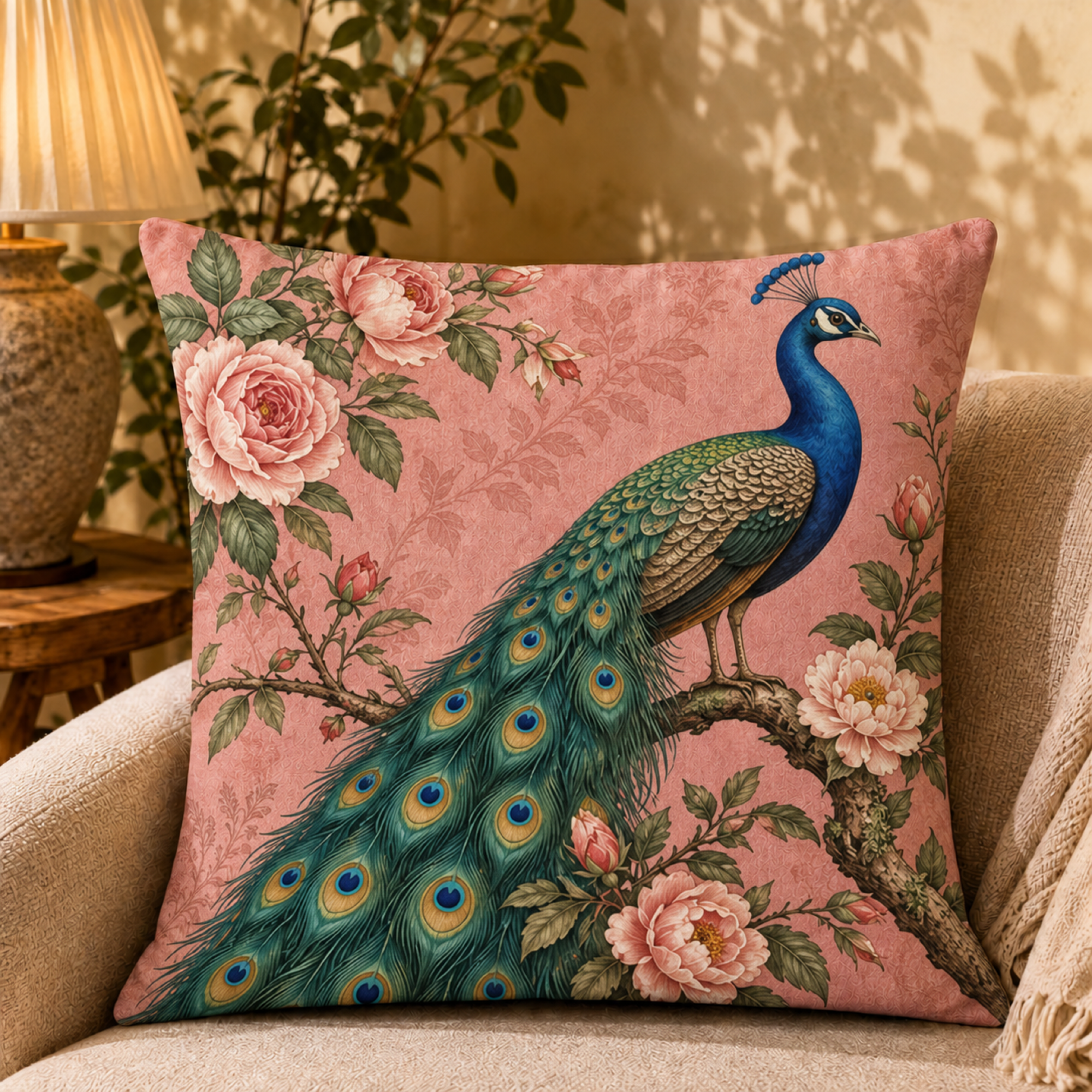 Dusty Rose Peacock pillow cover