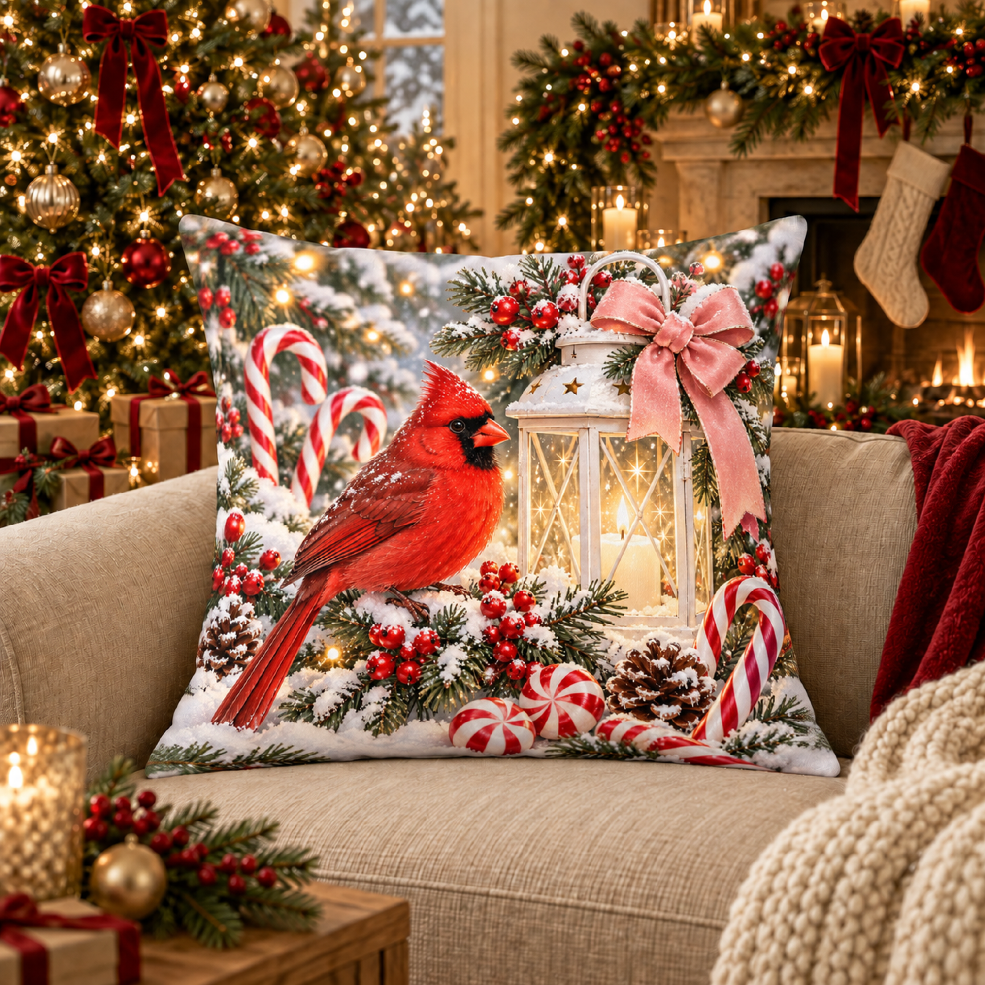 Cardinal Peppermint Lantern pillow cover