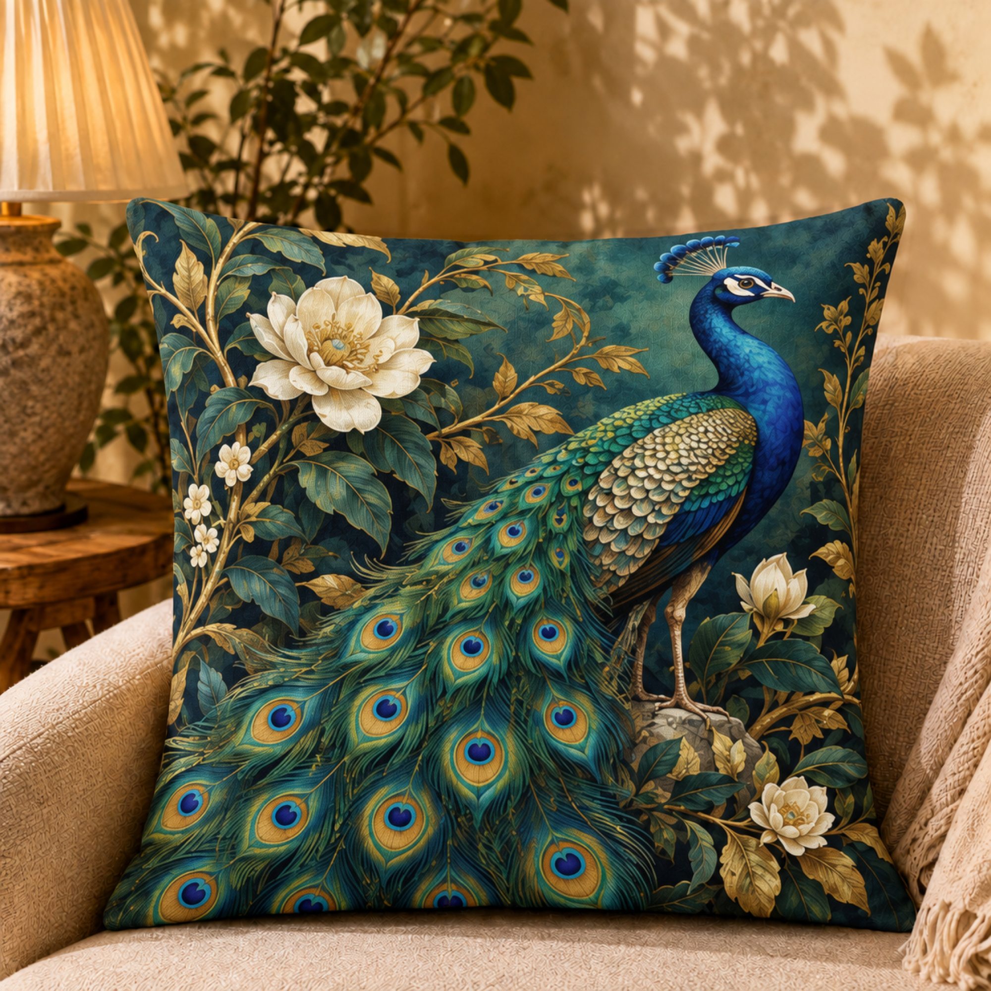 Regal Midnight Peacock pillow cover