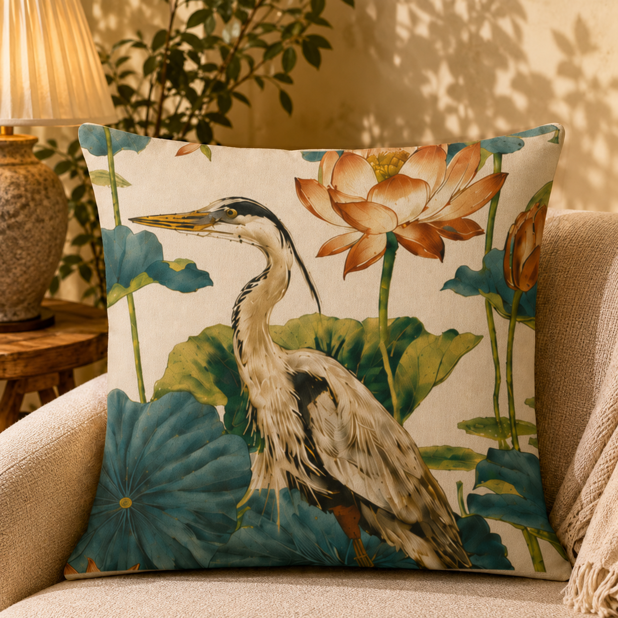 Lotus Harmony pillow cover styled in a room