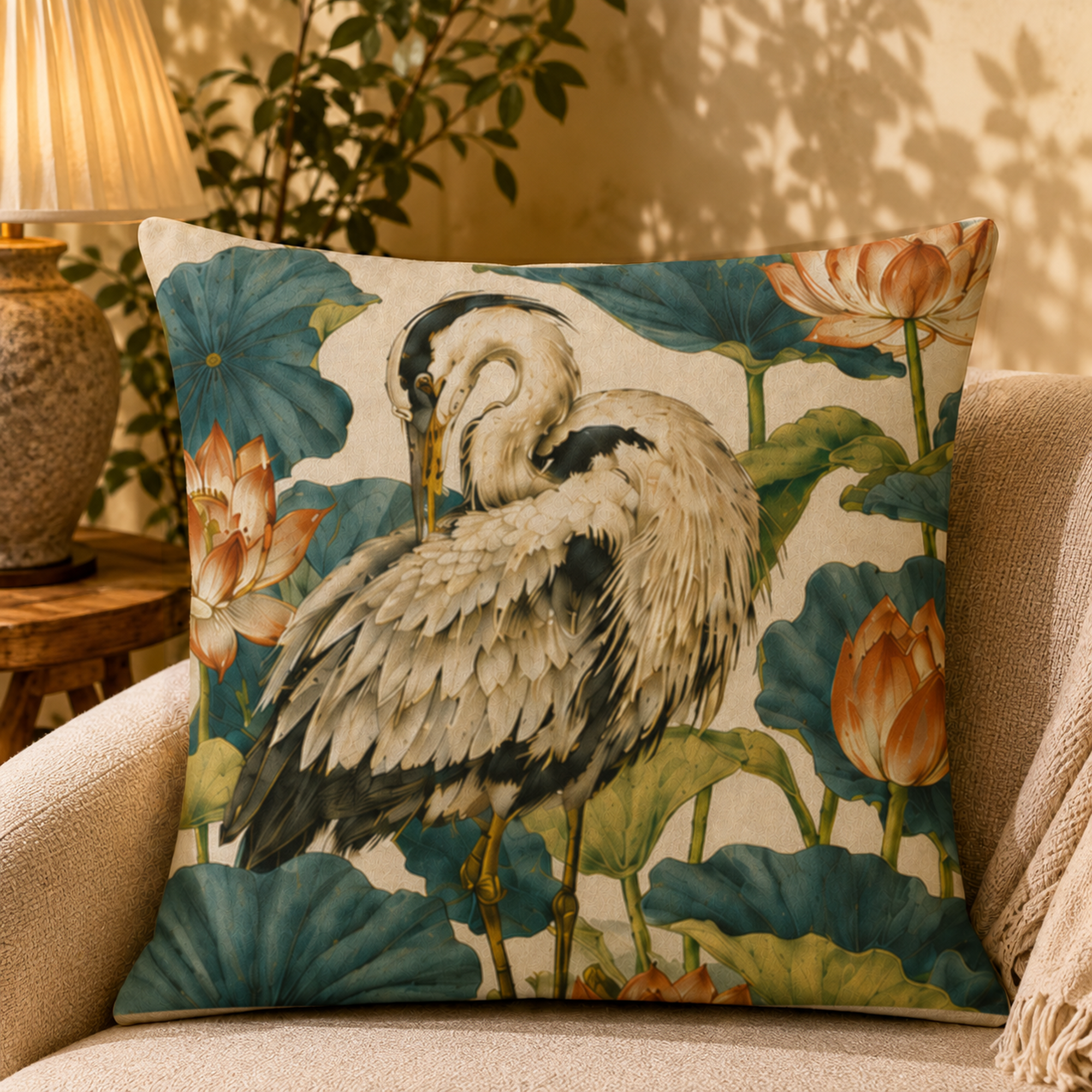 Lotus Garden pillow cover styled in a room