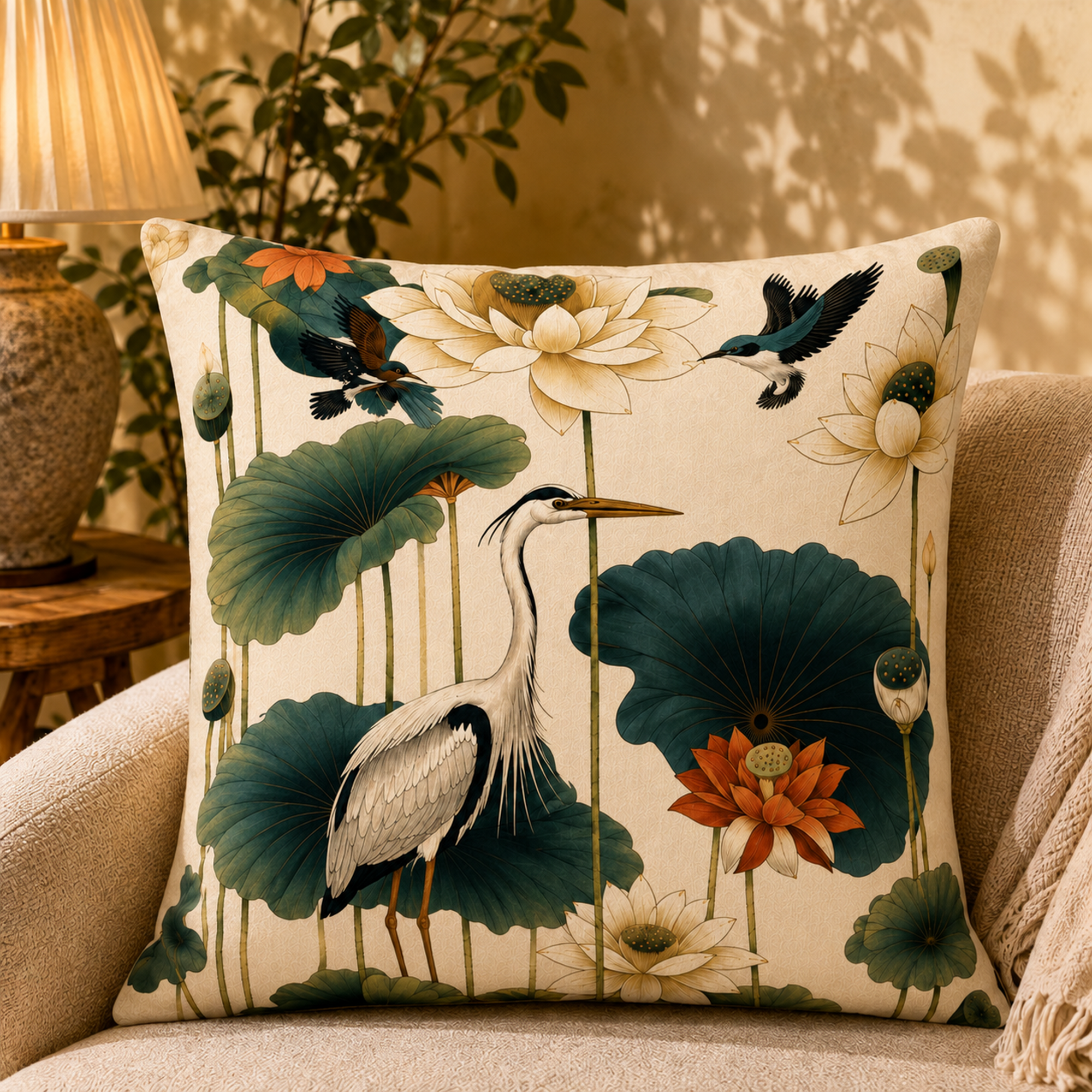 Lotus Harmony pillow cover styled in a room