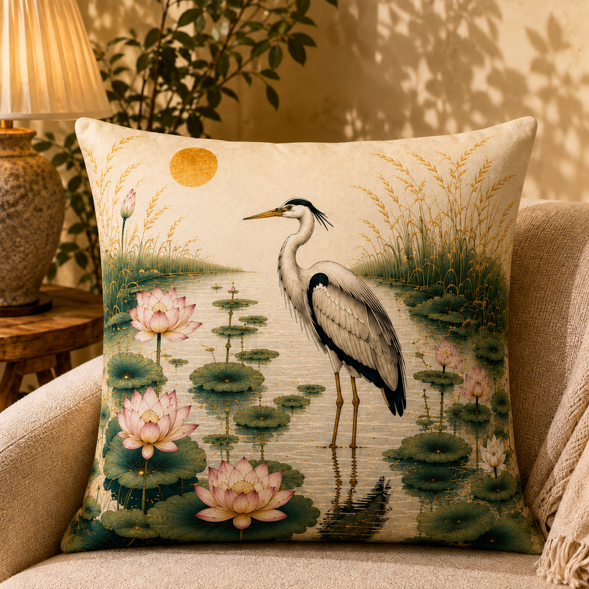 Heron's Pond pillow cover styled in a room