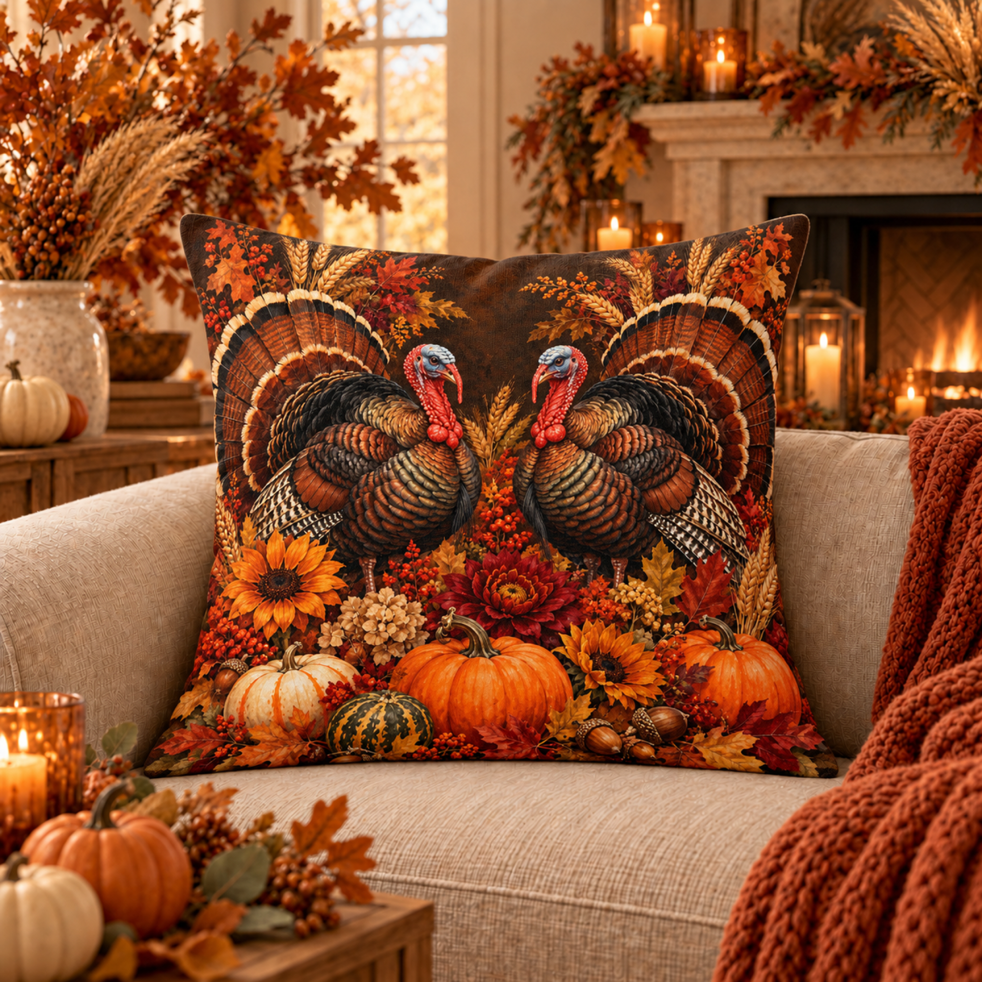 Turkey Pair Garden pillow cover