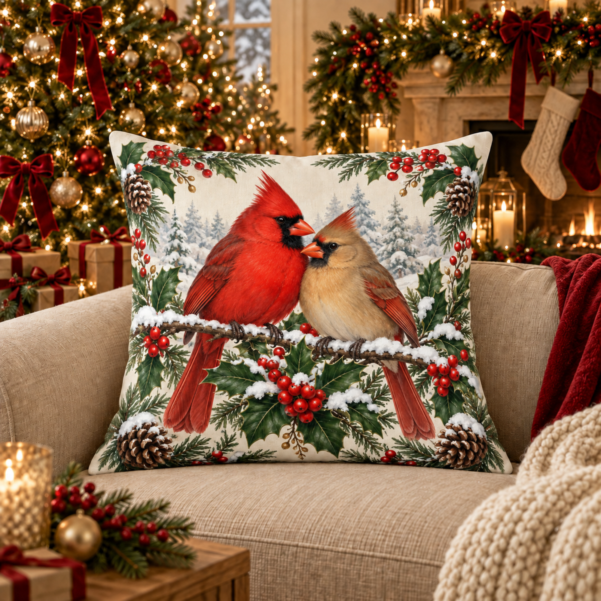 Cardinal Pair with Holly pillow cover