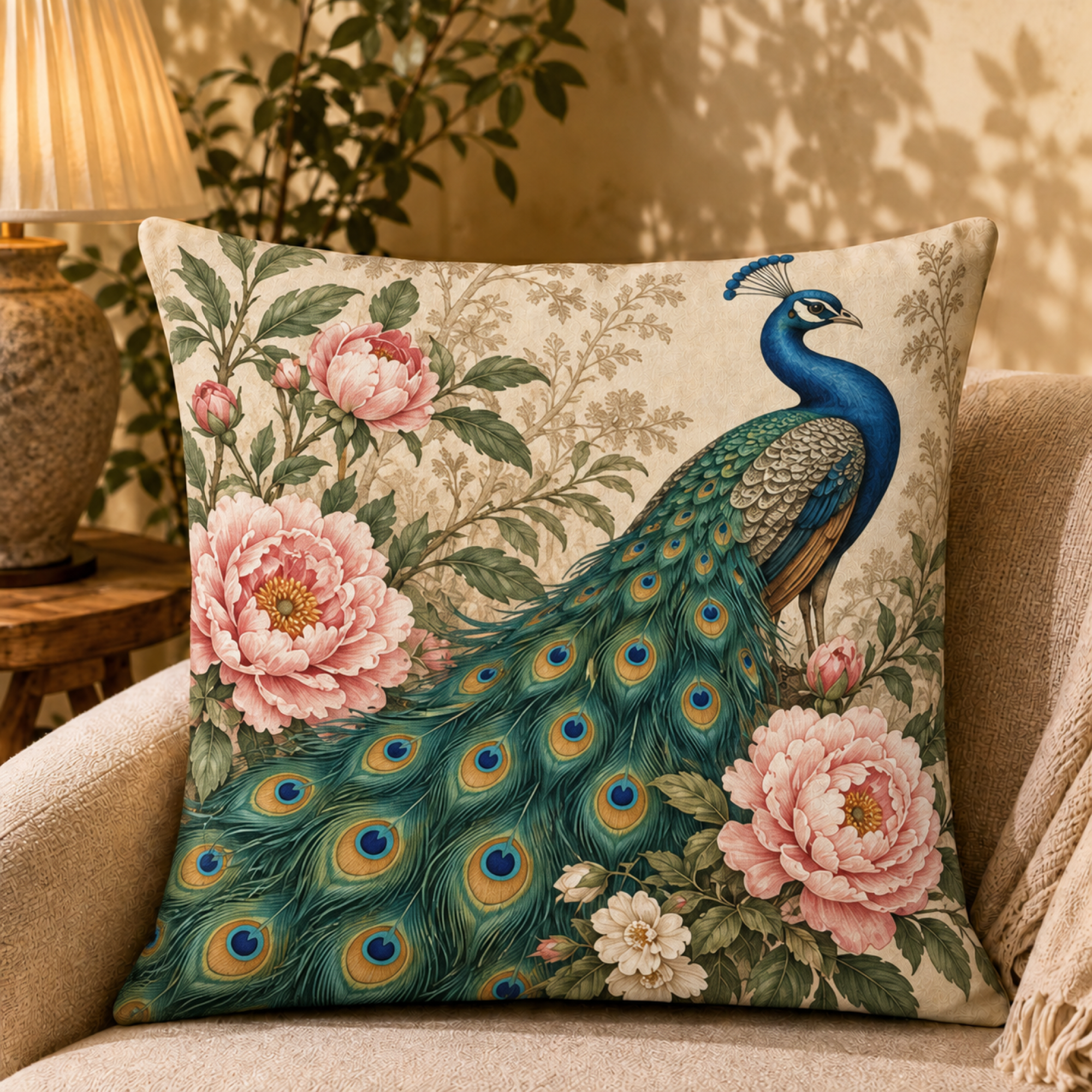 Peony Peacock pillow cover
