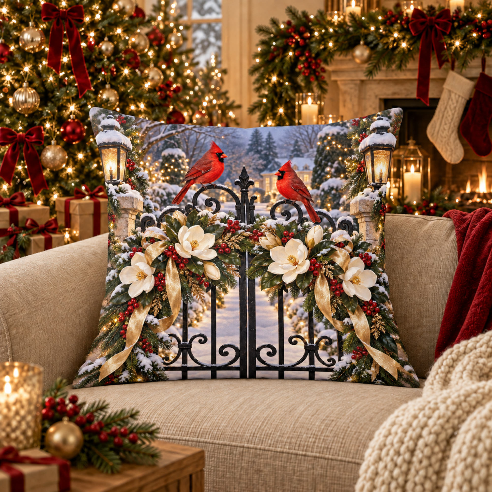 Cardinals at Magnolia Gate pillow cover