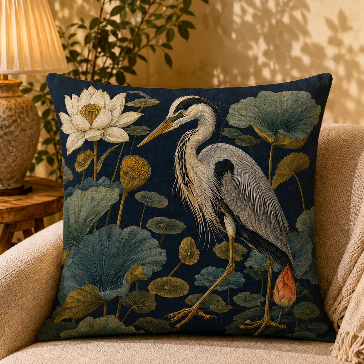 Midnight Lotus Heron pillow cover styled in a room