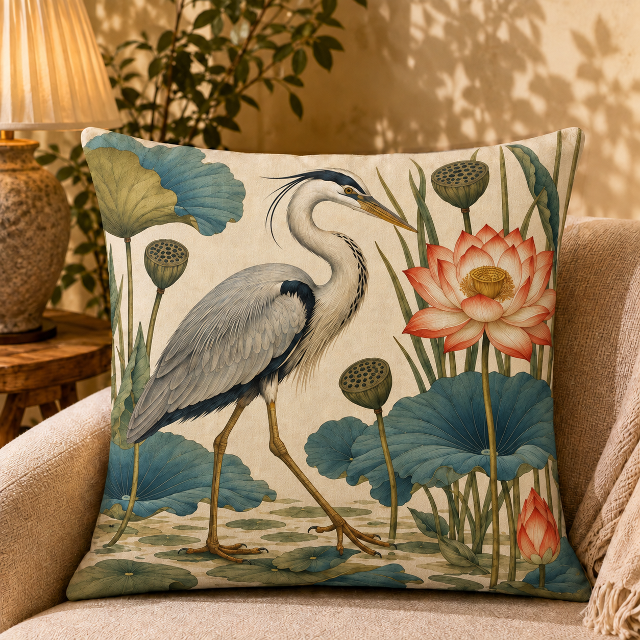 Coral Lotus Heron pillow cover styled in a room