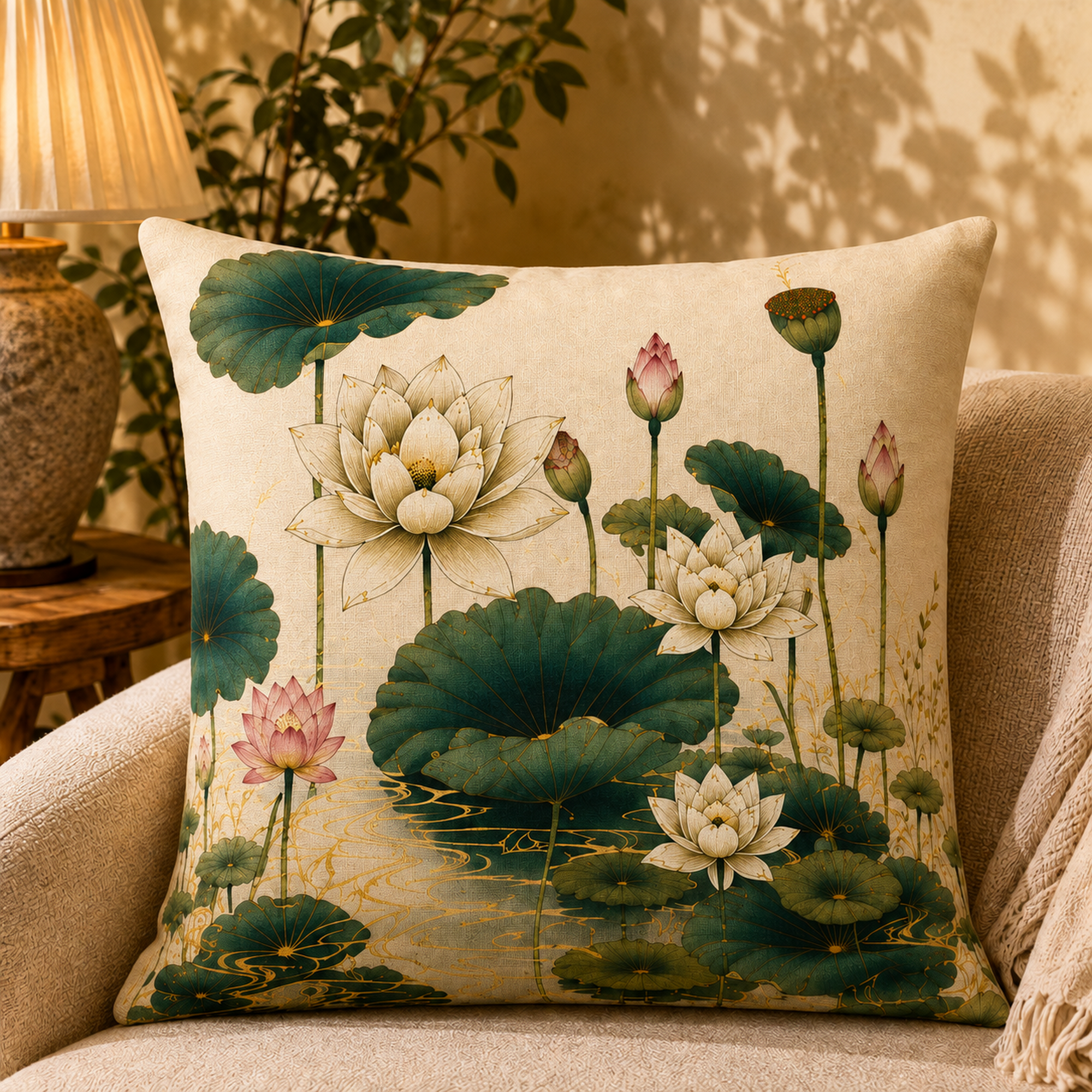 Lotus Reflection pillow cover styled in a room