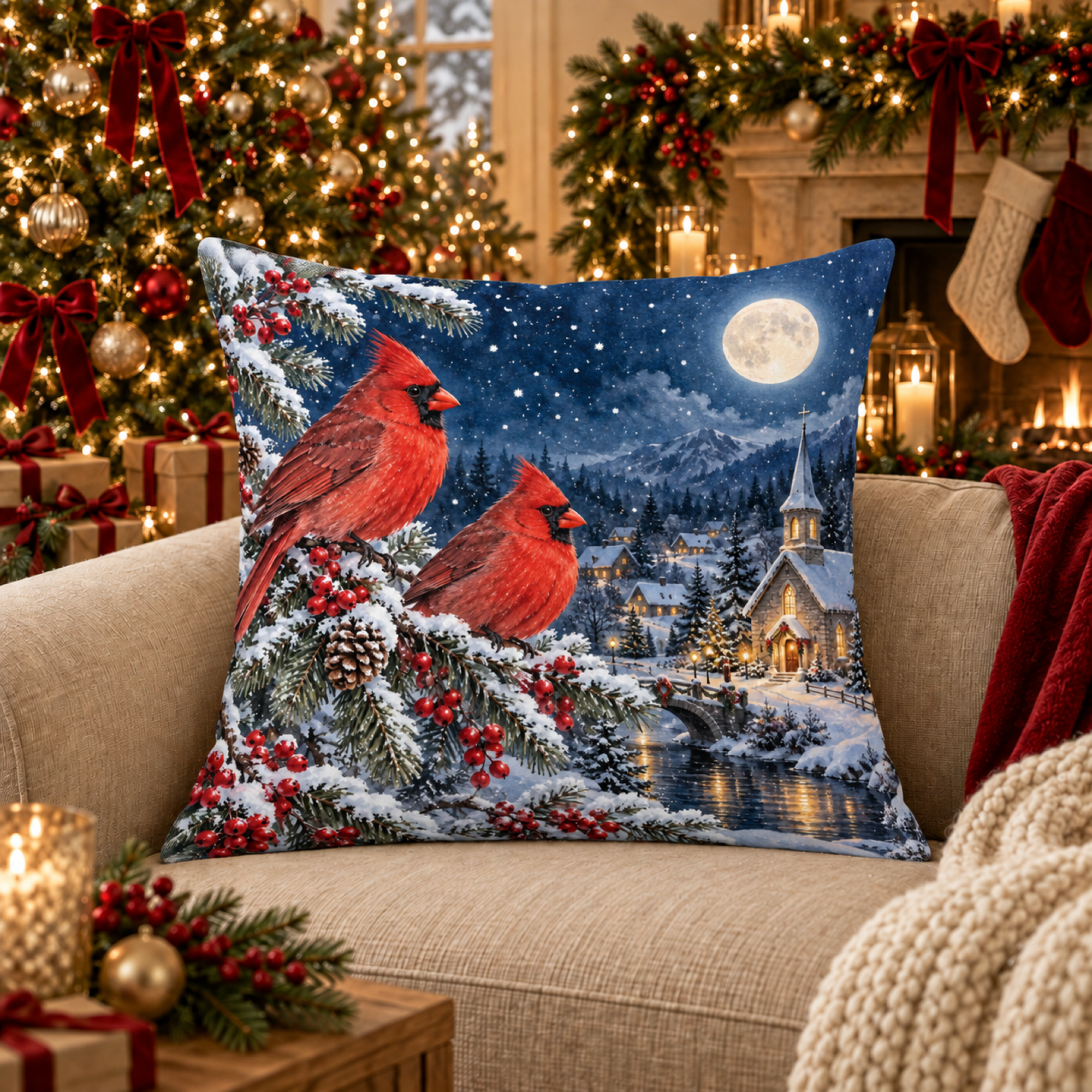 Cardinals at Moonlit Chapel pillow cover
