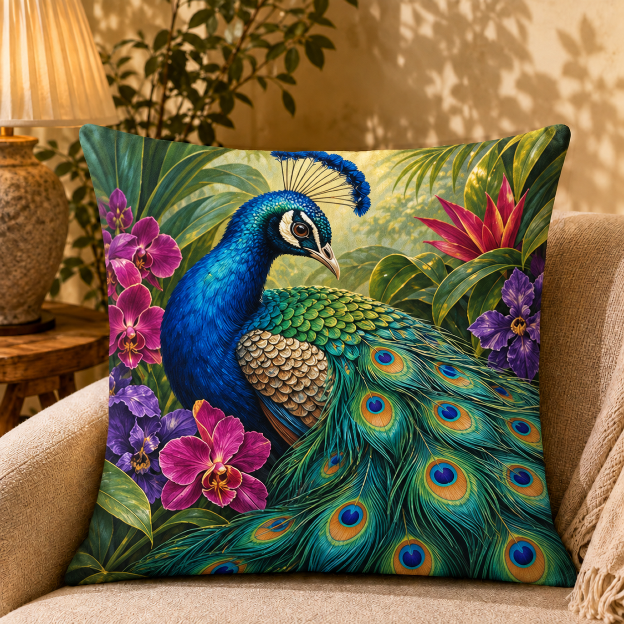 Tropical Peacock Portrait pillow cover
