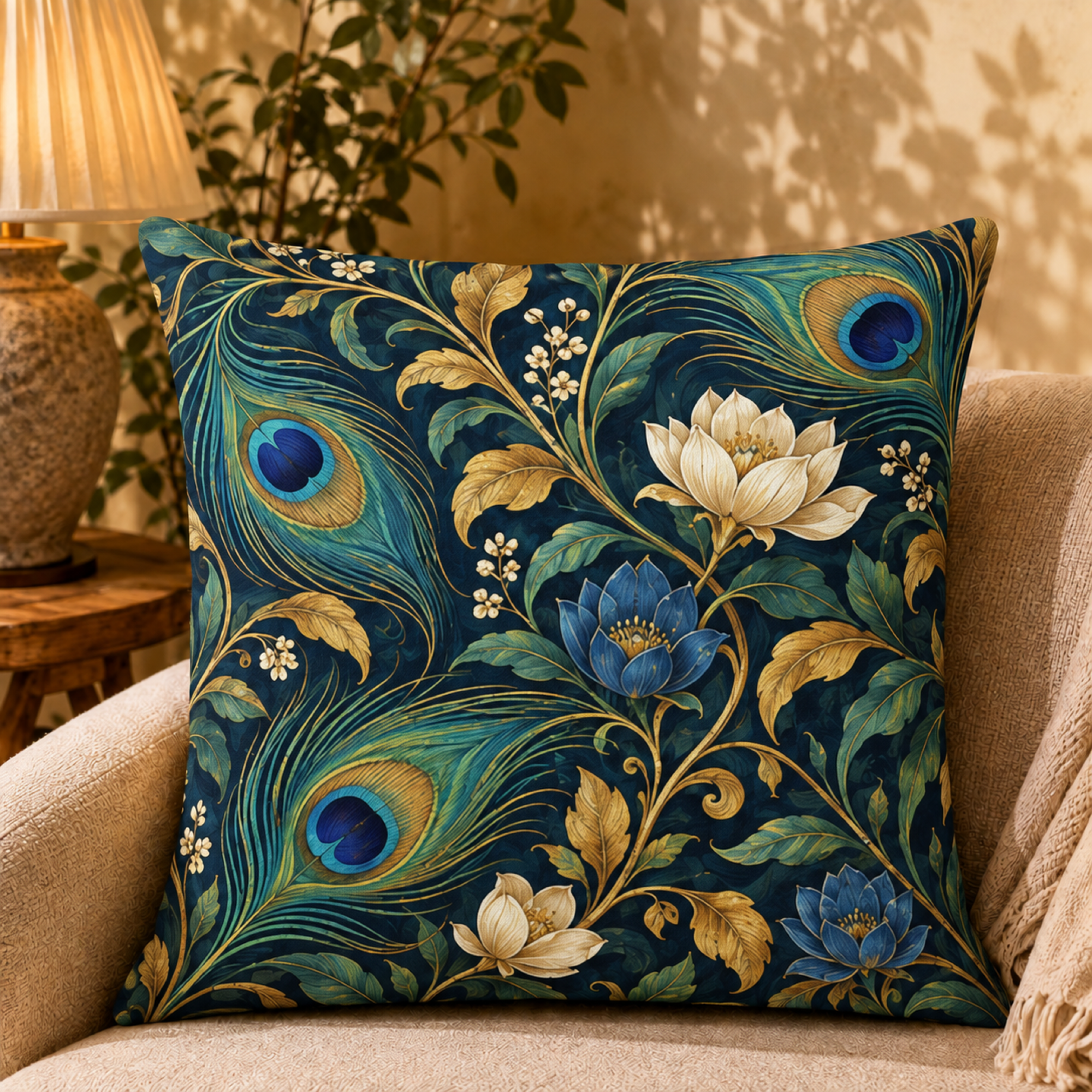 Midnight Feather Lotus pillow cover