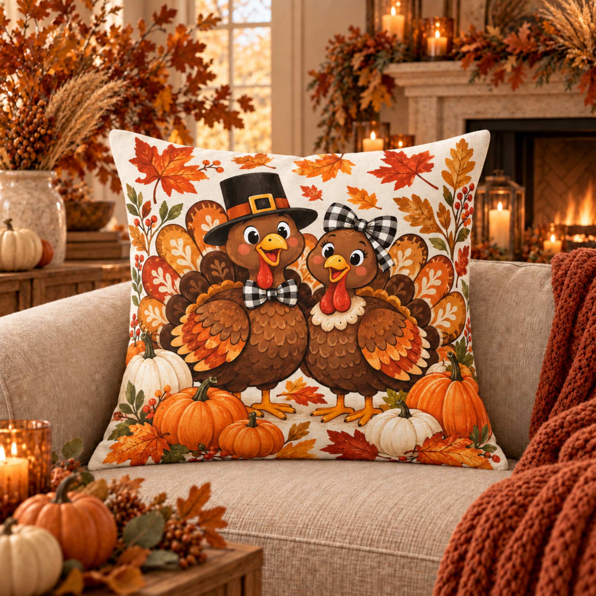 Turkey Pair & Pumpkins pillow cover