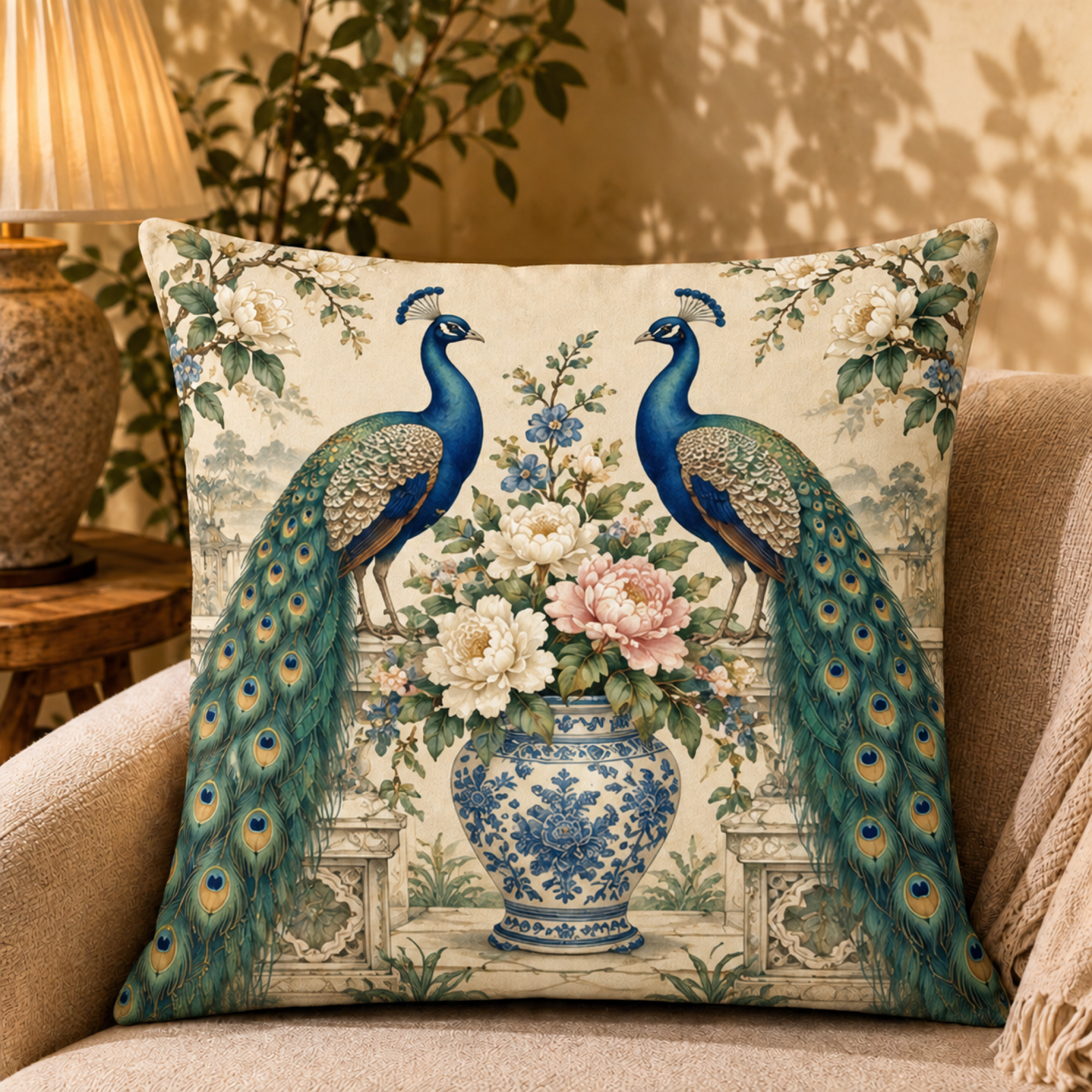 Chinoiserie Peacock Pair pillow cover styled in a room