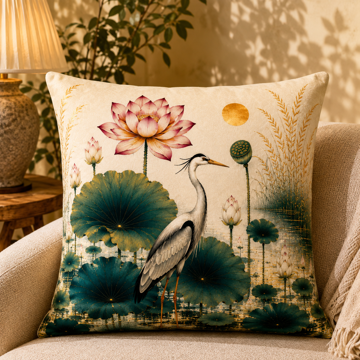 Lotus Serenity pillow cover styled in a room