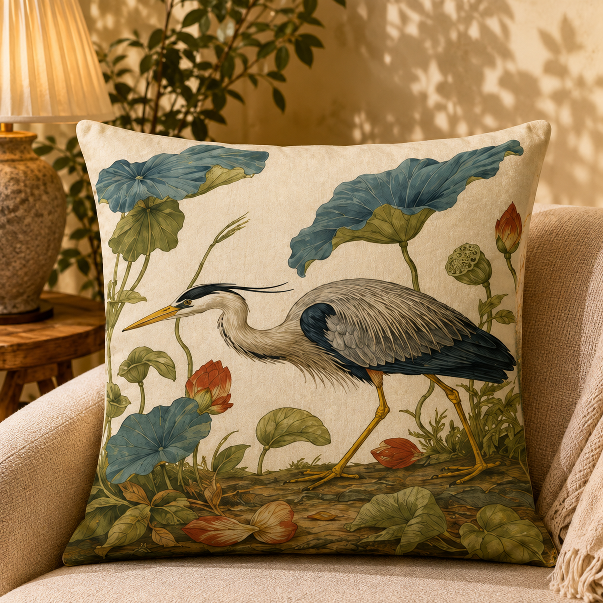 Serene Heron pillow cover styled in a room