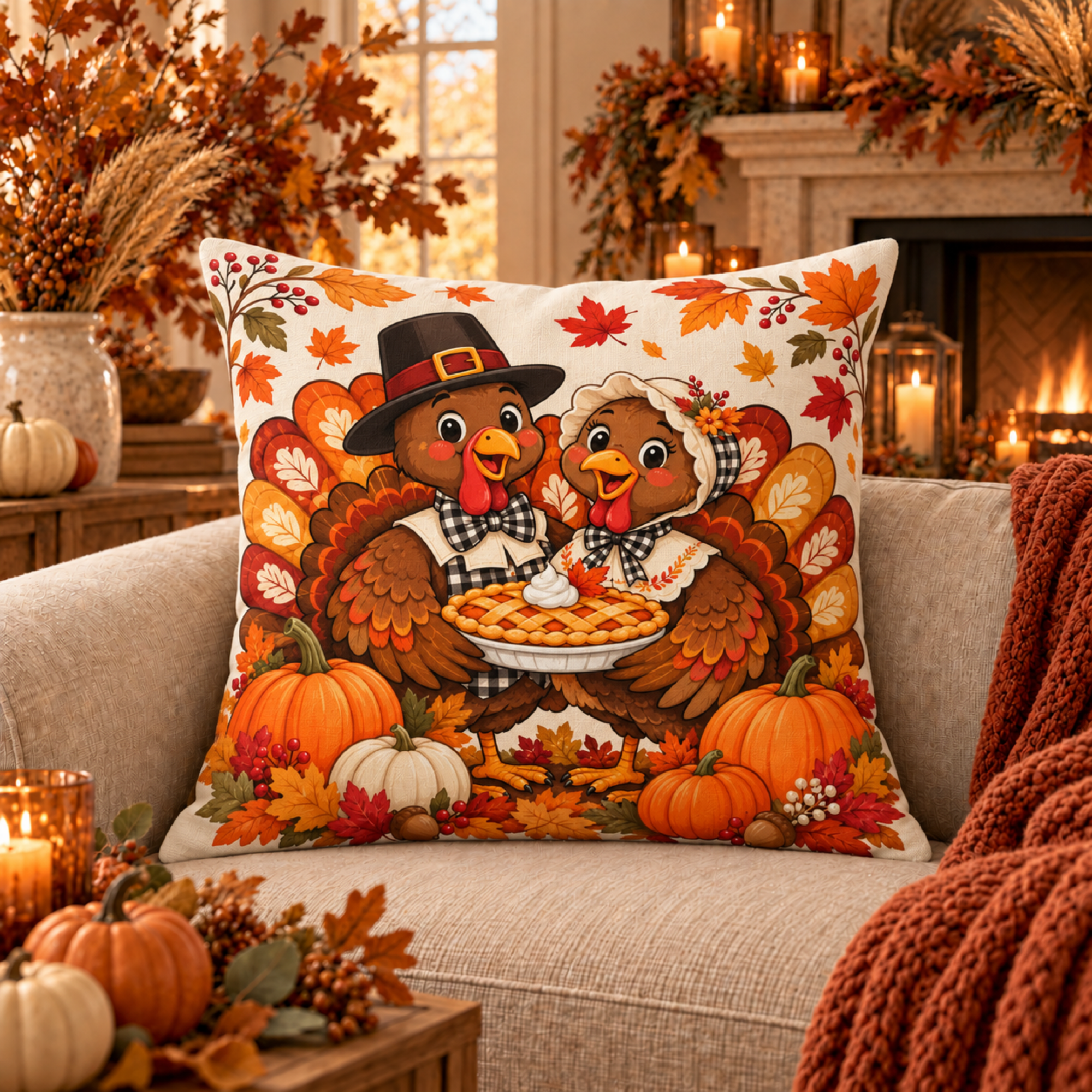 Turkey Couple Feast pillow cover