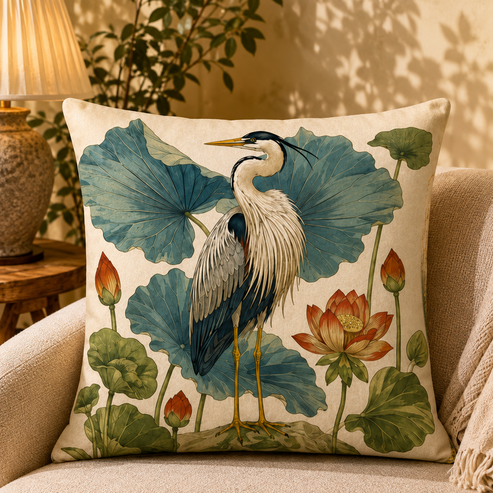 Heron & Bloom pillow cover styled in a room