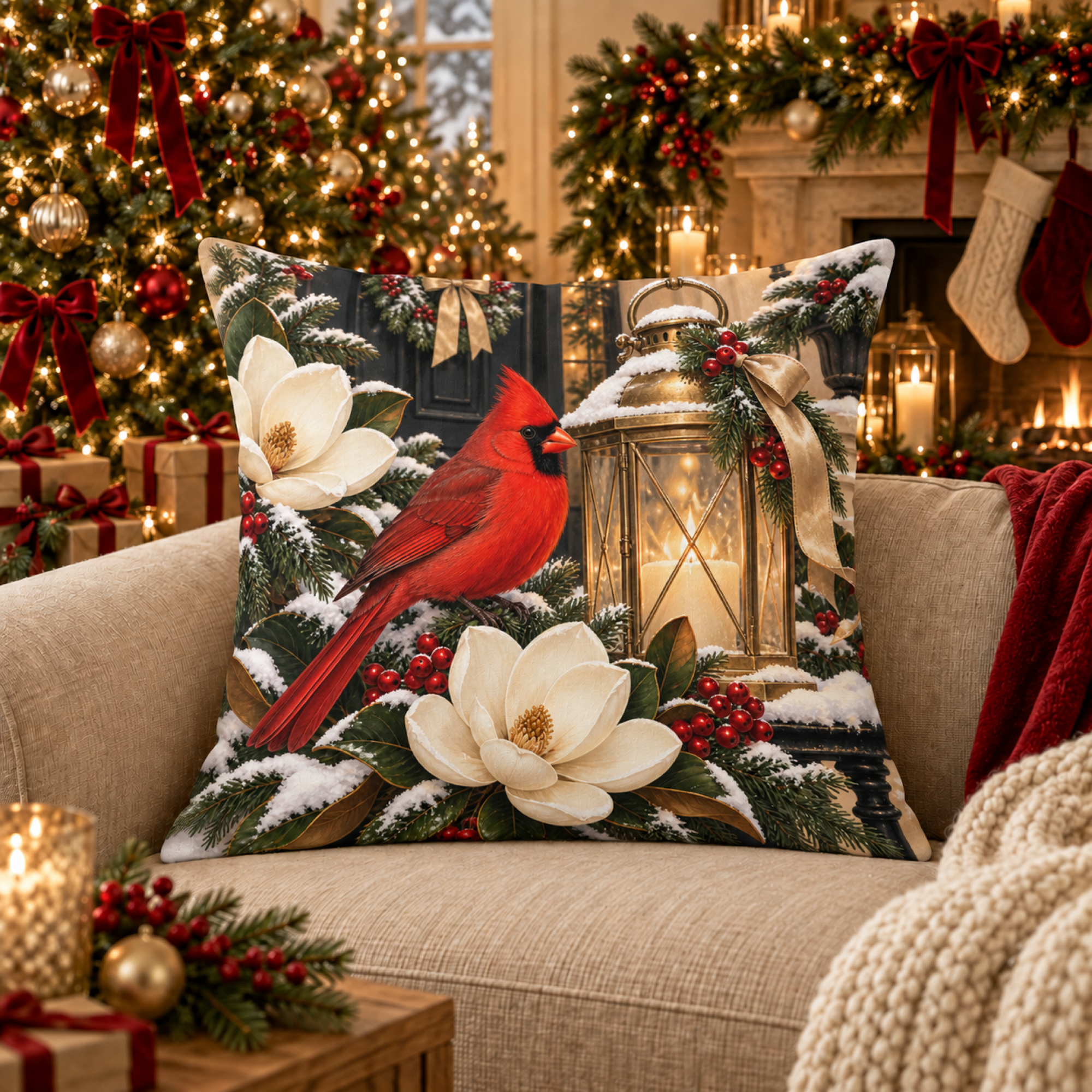 Cardinal Gold Lantern Magnolia pillow cover