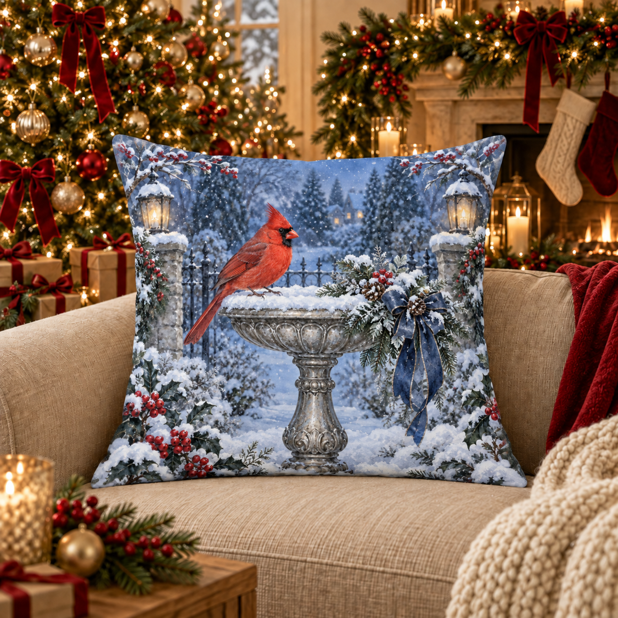 Cardinal Winter Birdbath pillow cover
