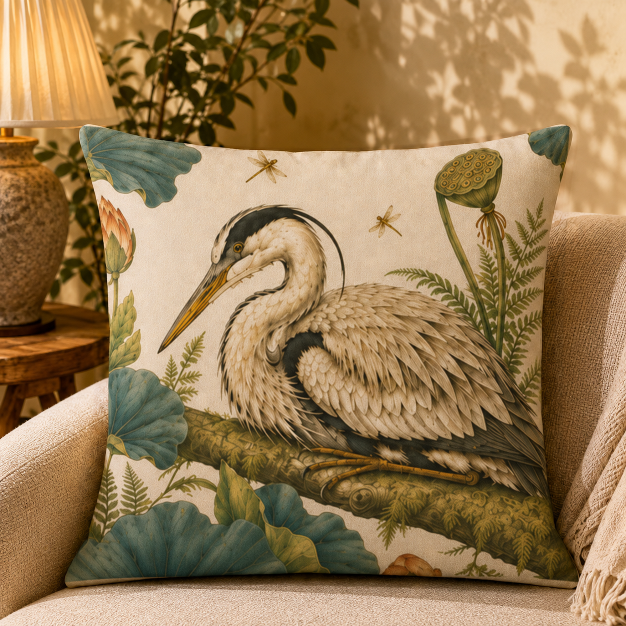 Heron & Bloom pillow cover styled in a room