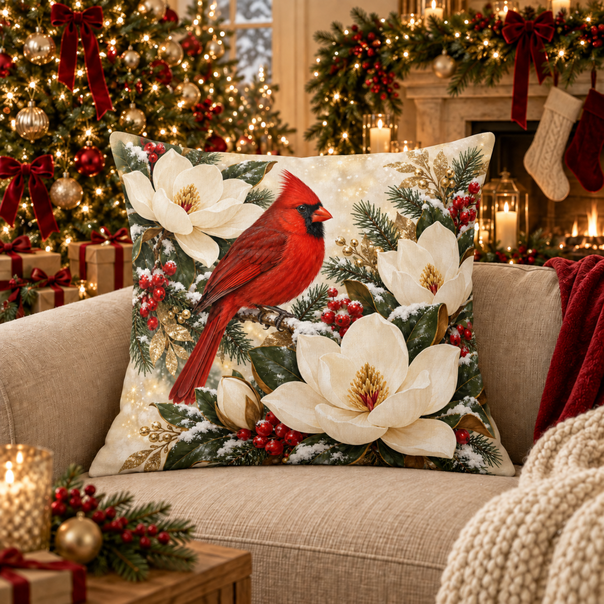 Cardinal with Ivory Magnolias pillow cover