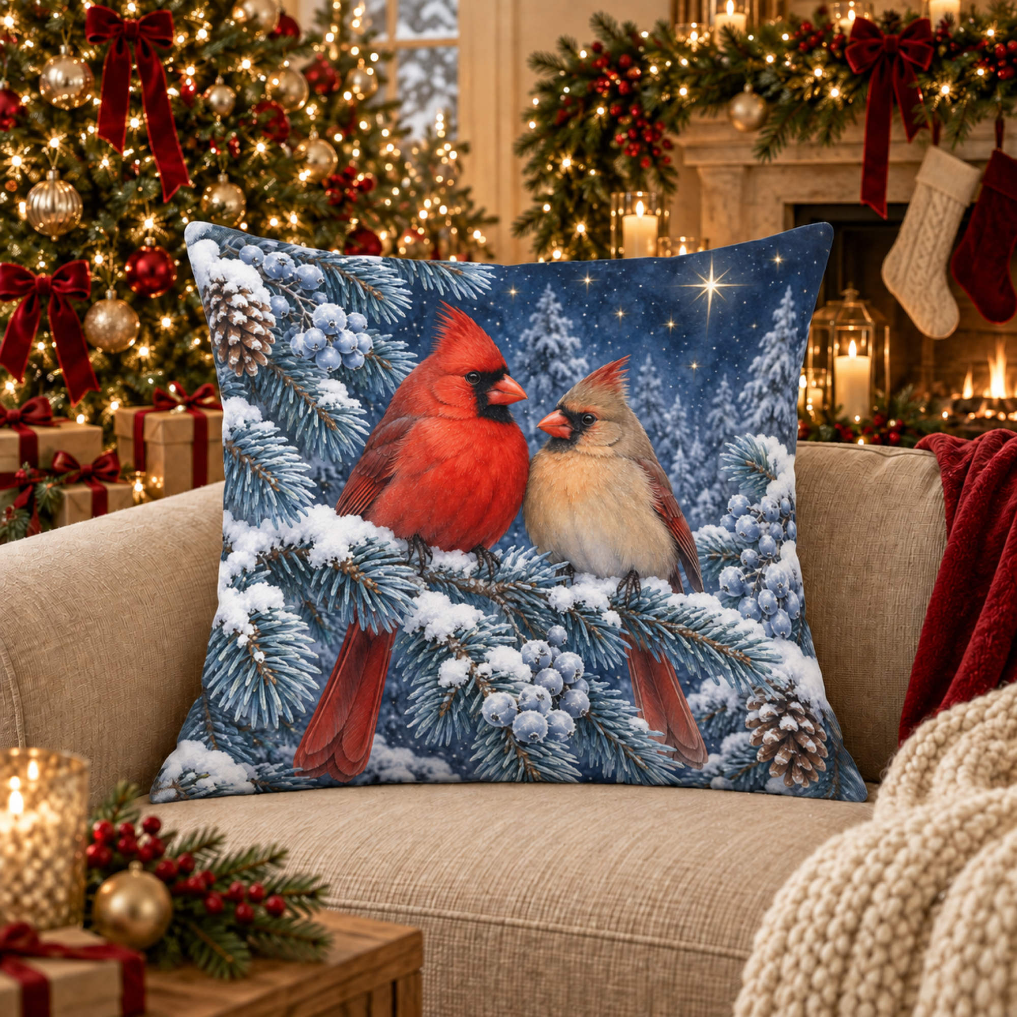 Cardinal Pair on Blue Spruce pillow cover