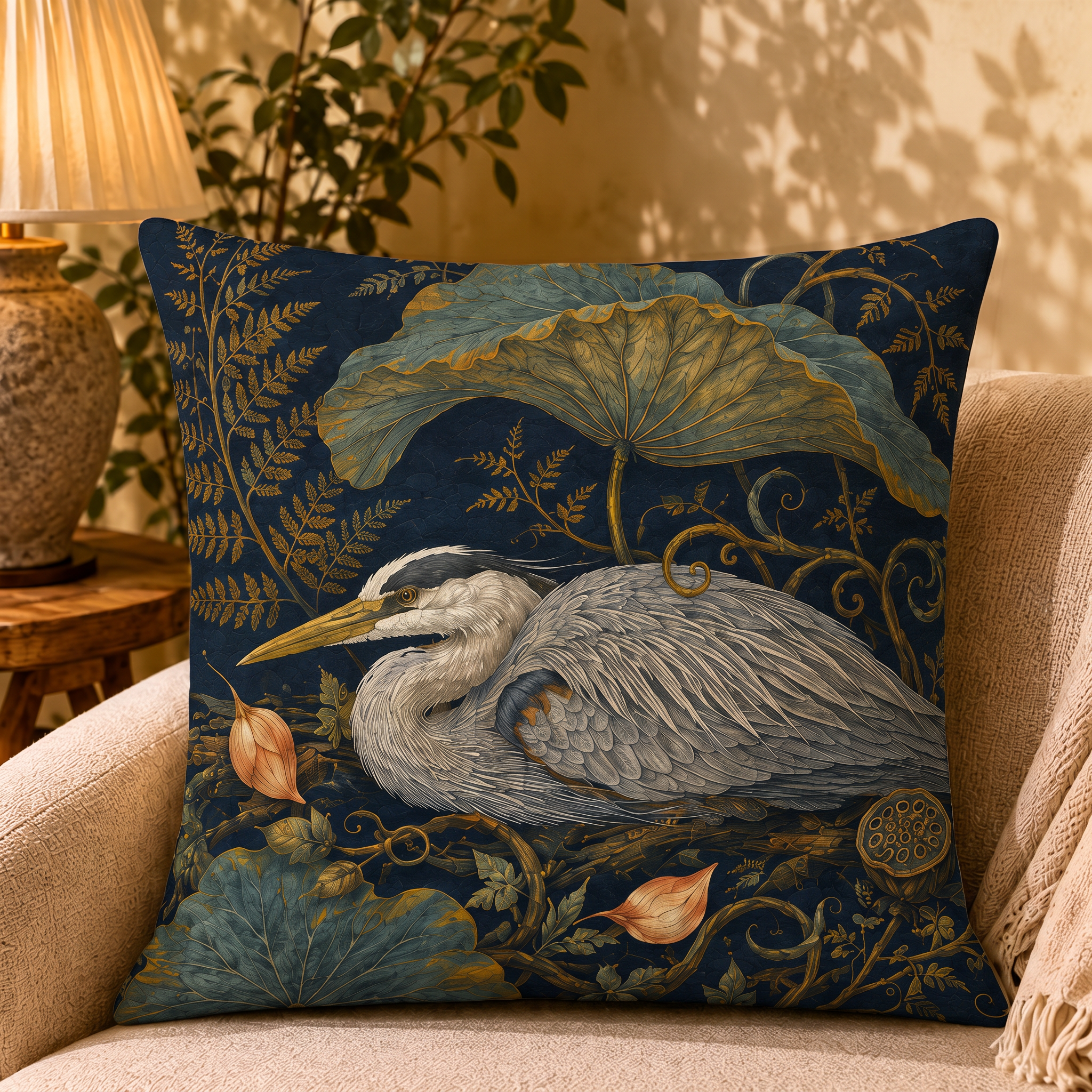 Heron’s Repose pillow cover styled in a room