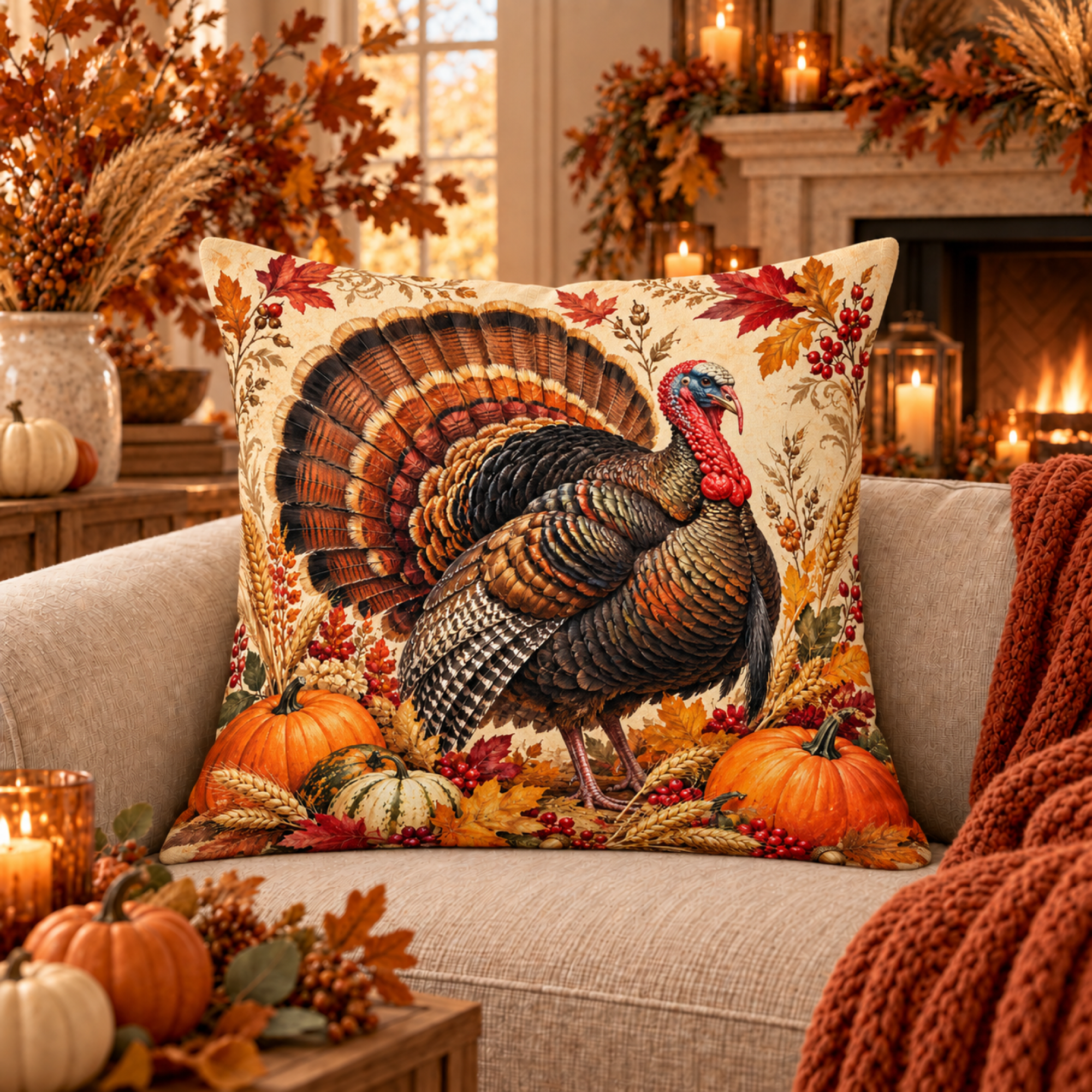 Cream Harvest Turkey pillow cover