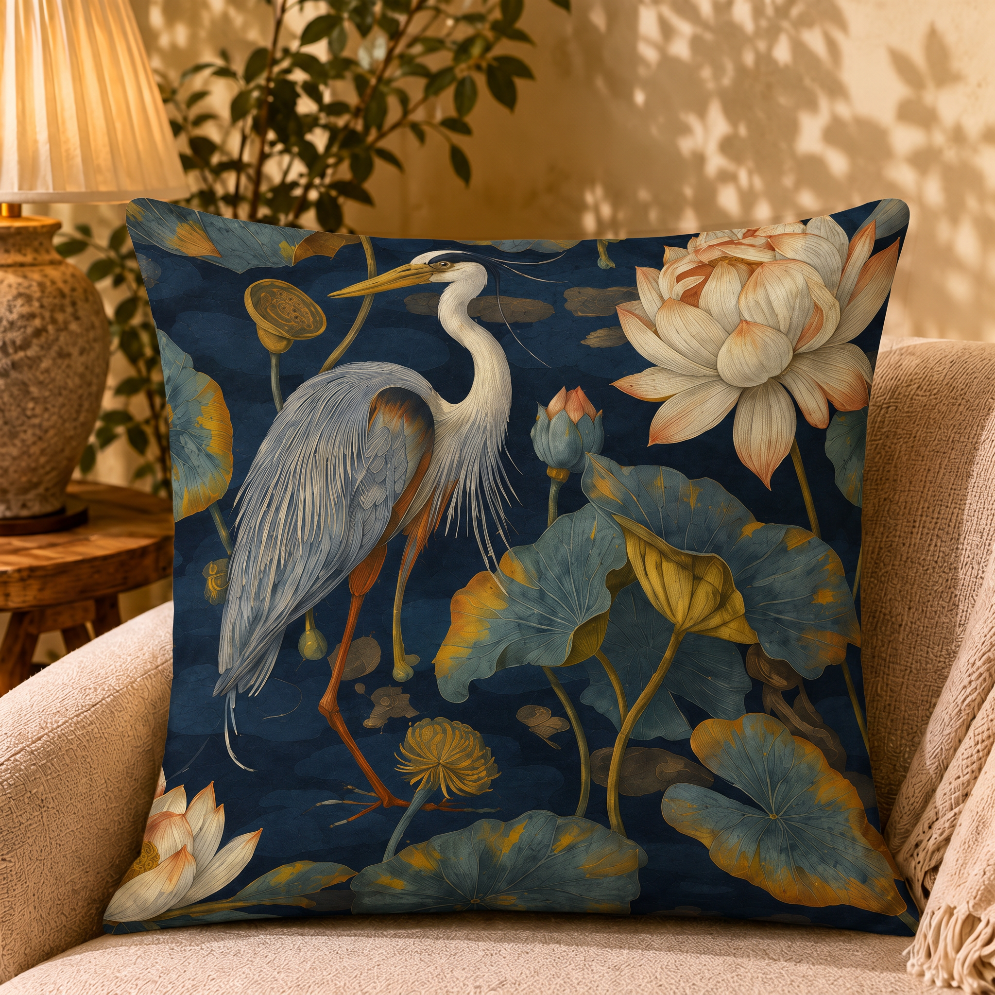 Midnight Lotus pillow cover styled in a room