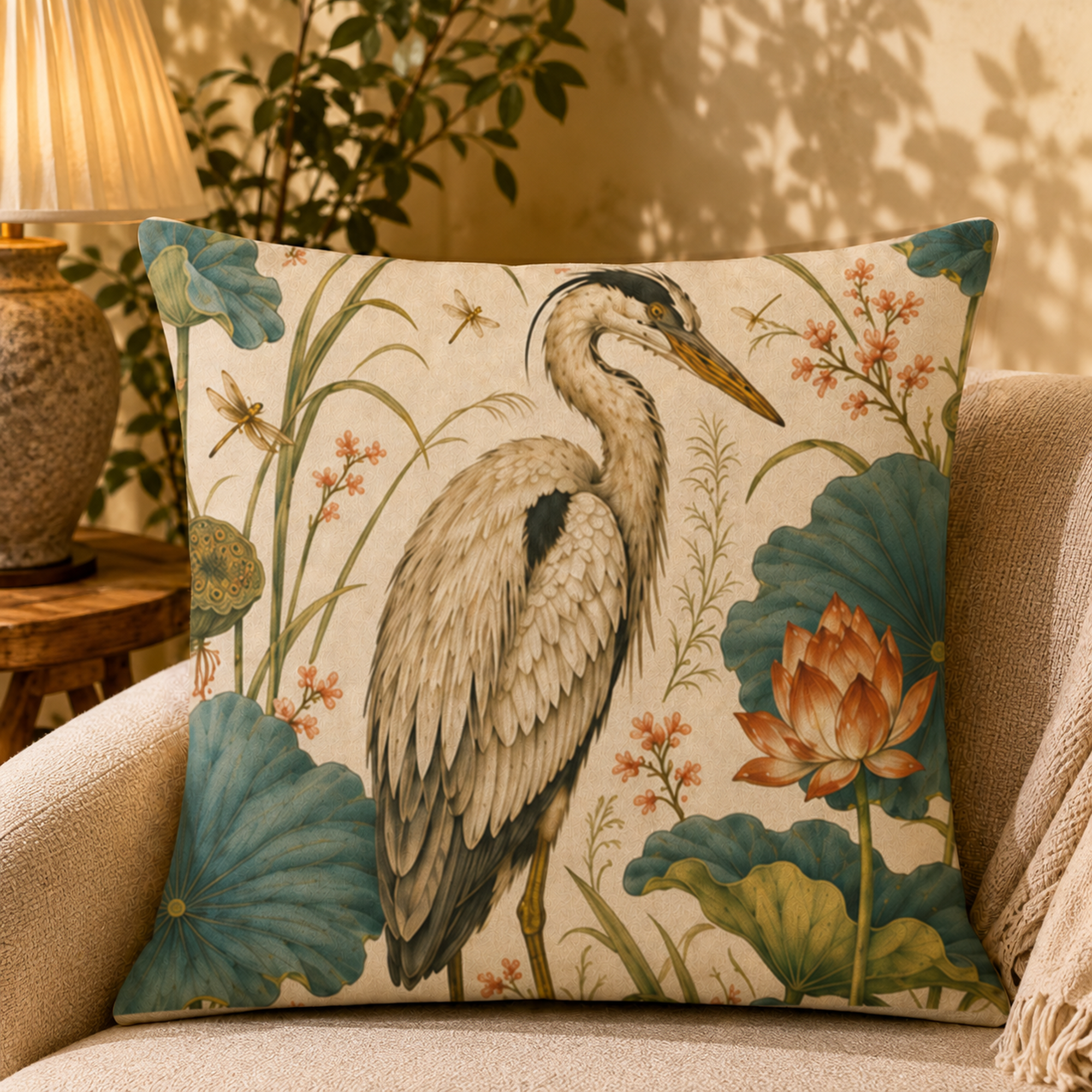 Serene Heron pillow cover styled in a room