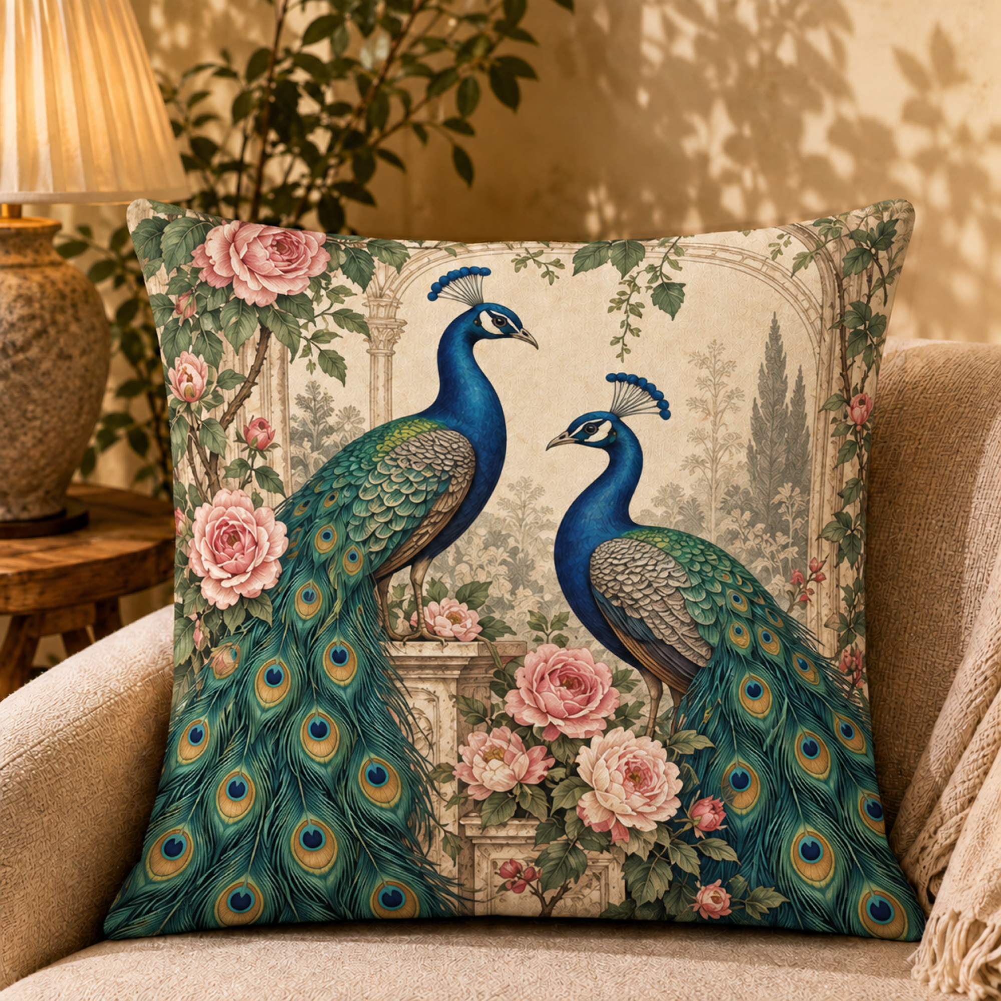 Conservatory Peacock Pair pillow cover styled in a room