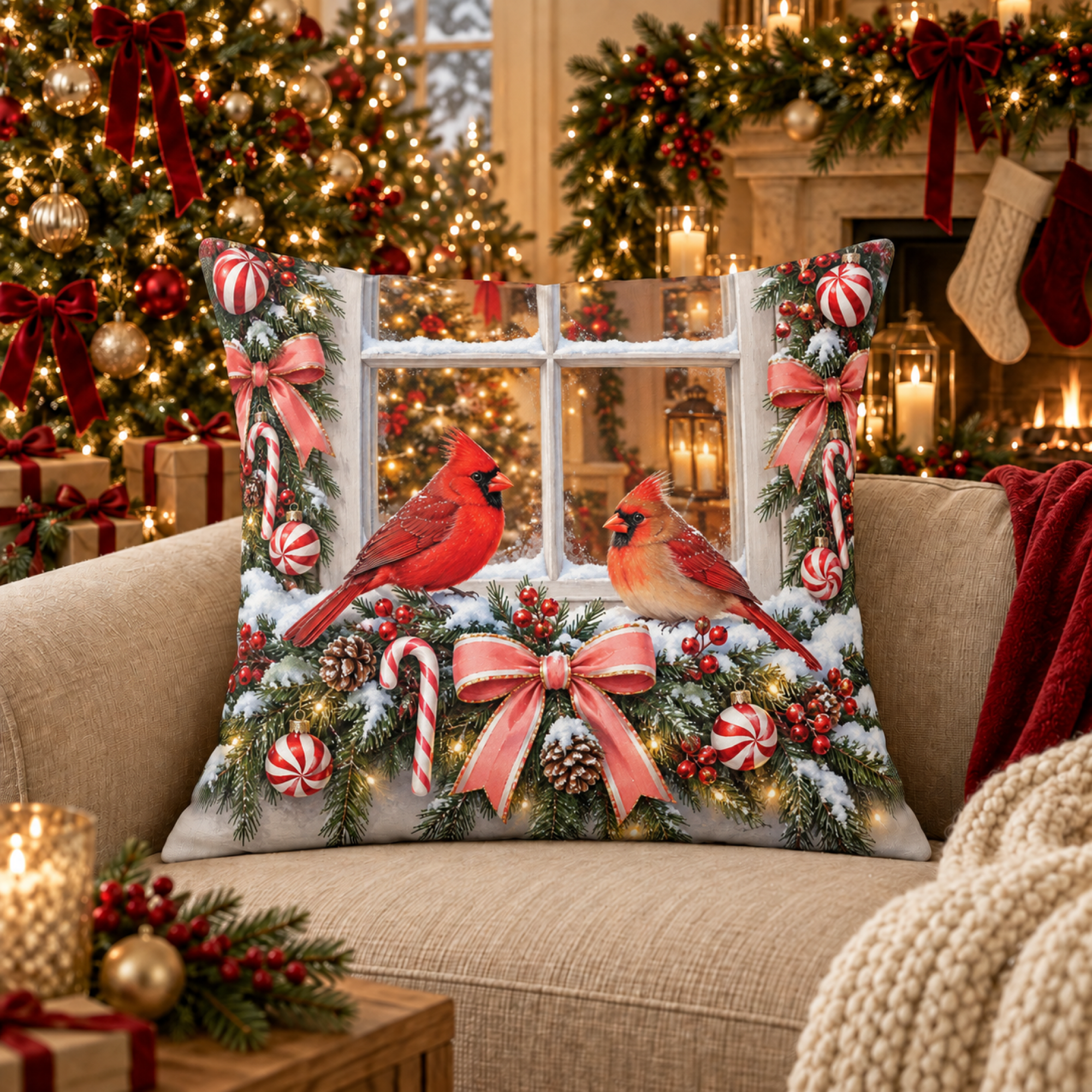 Cardinals at Candy Shop Window pillow cover