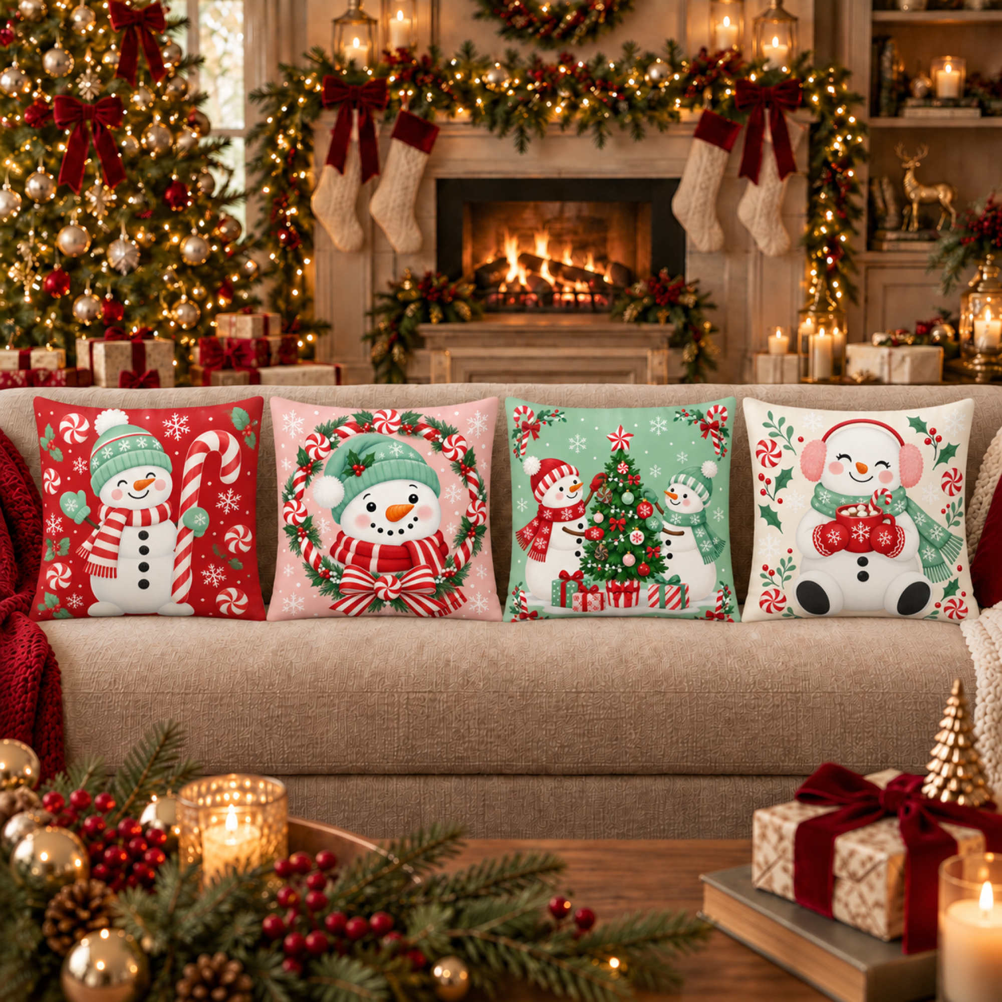 Candy Cane Snowman Curated Collection coordinated pillow cover set