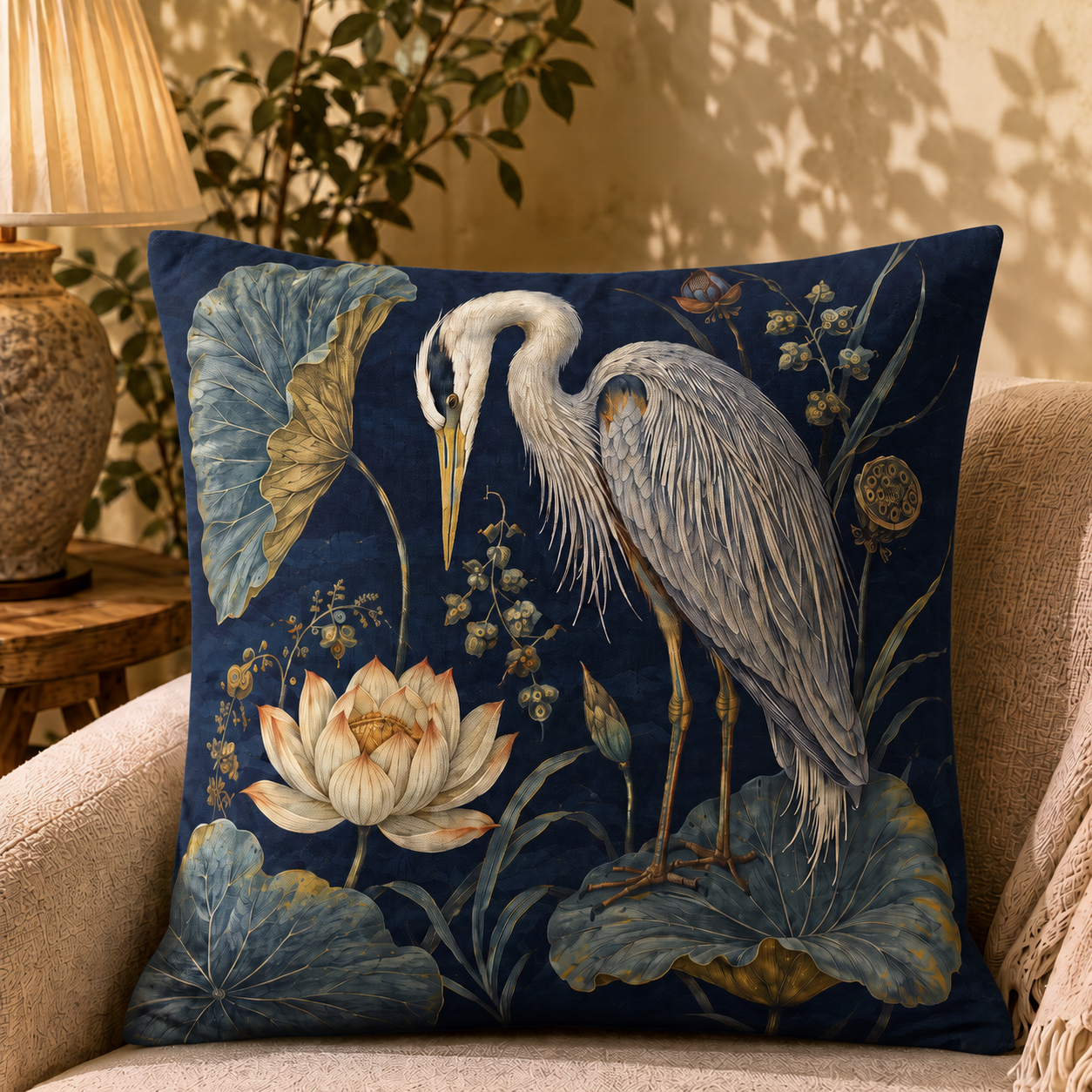 Lotus Reflection pillow cover styled in a room