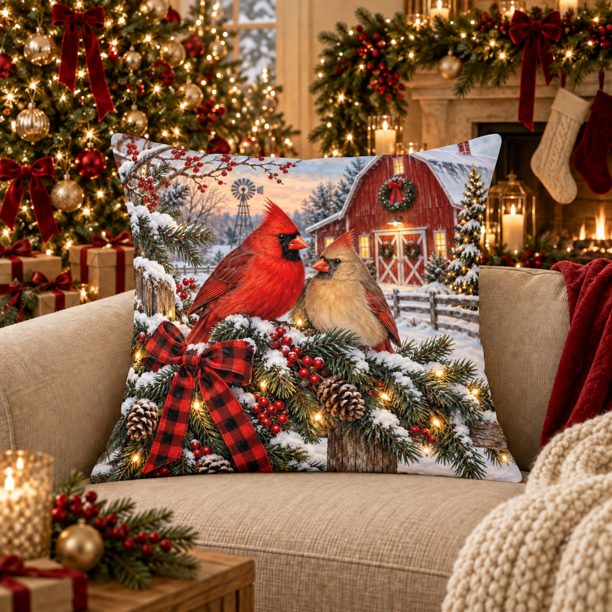 Cardinal Pair at the Barn pillow cover
