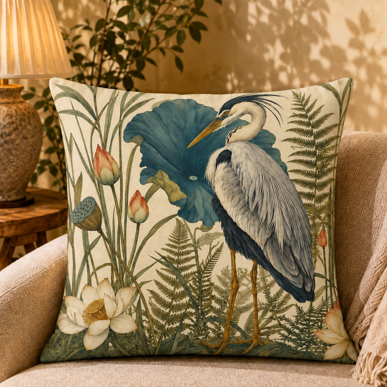 Fern Lotus Heron pillow cover styled in a room