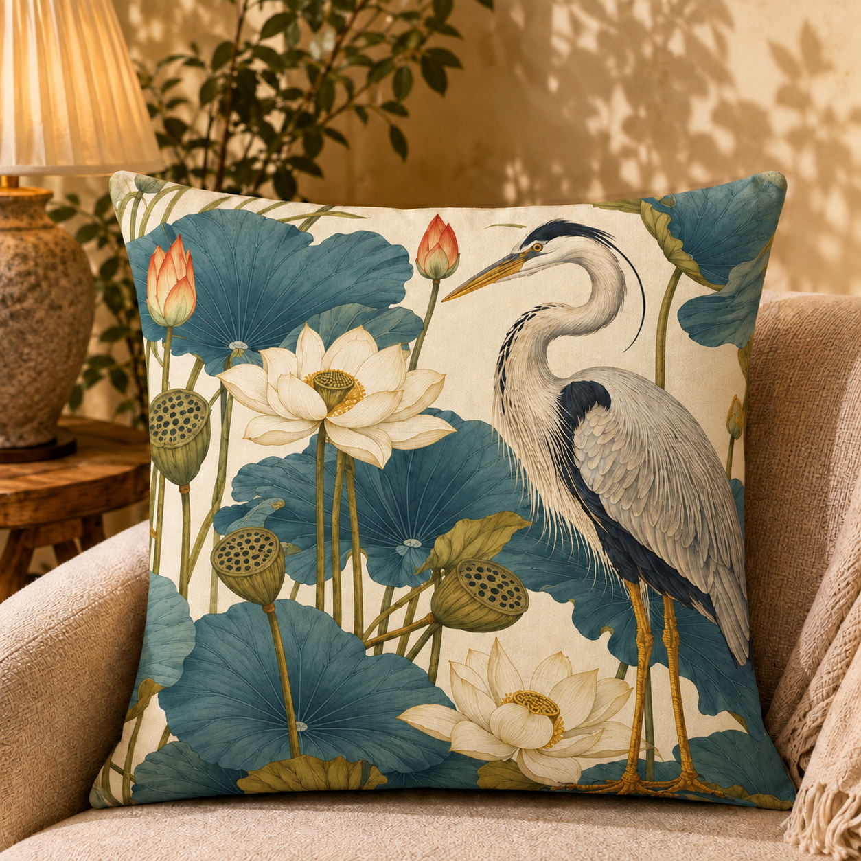 Ivory Lotus Heron pillow cover styled in a room