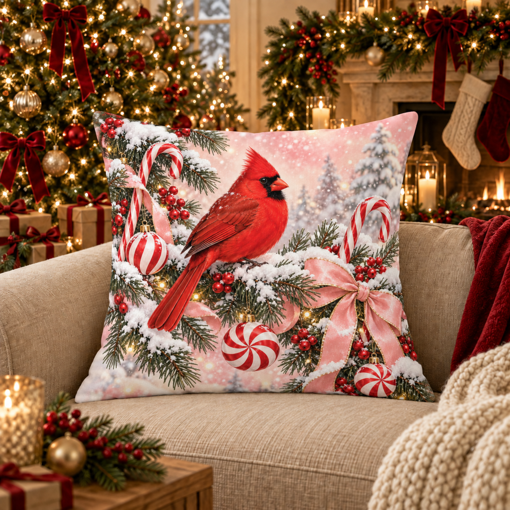 Cardinal Peppermint Branch pillow cover