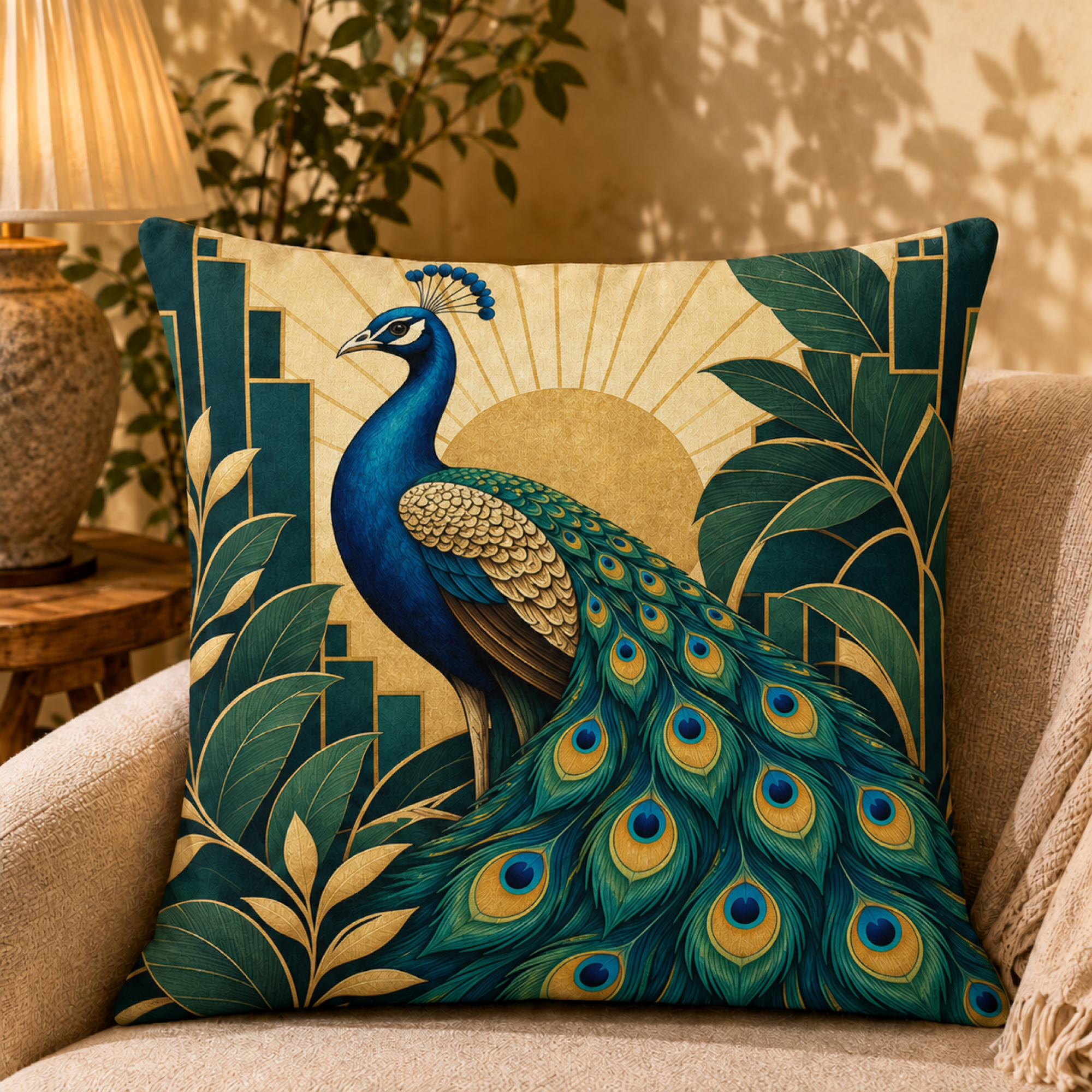 Rising Sun Peacock pillow cover